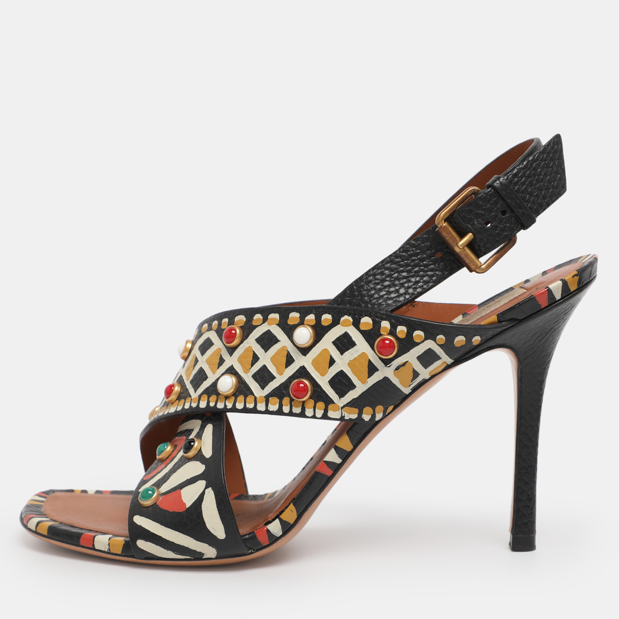 Valentino Multicolor Leather Studded Crossover Primitive Ankle Strap Sandals Size 38.5