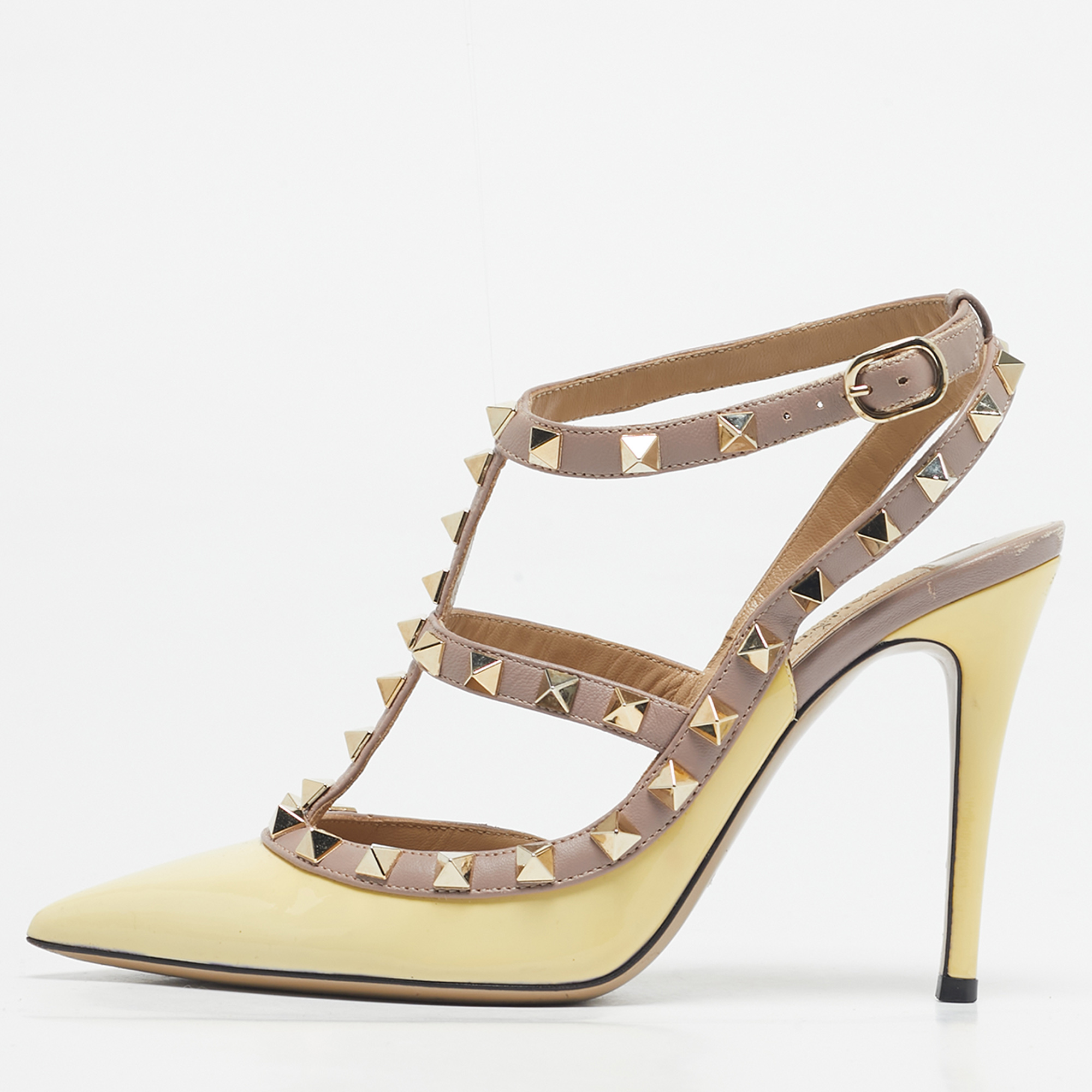 

Valentino Yellow/Beige Patent Leather Rockstud Caged Ankle Strap Pumps Size