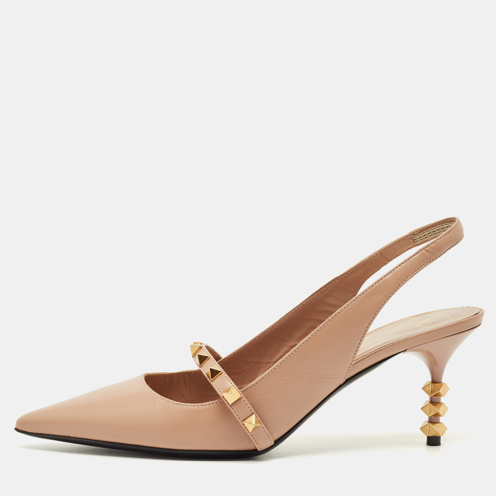 

Valentino Beige Leather Pointed Toe Rockstud Slingback Pumps Size