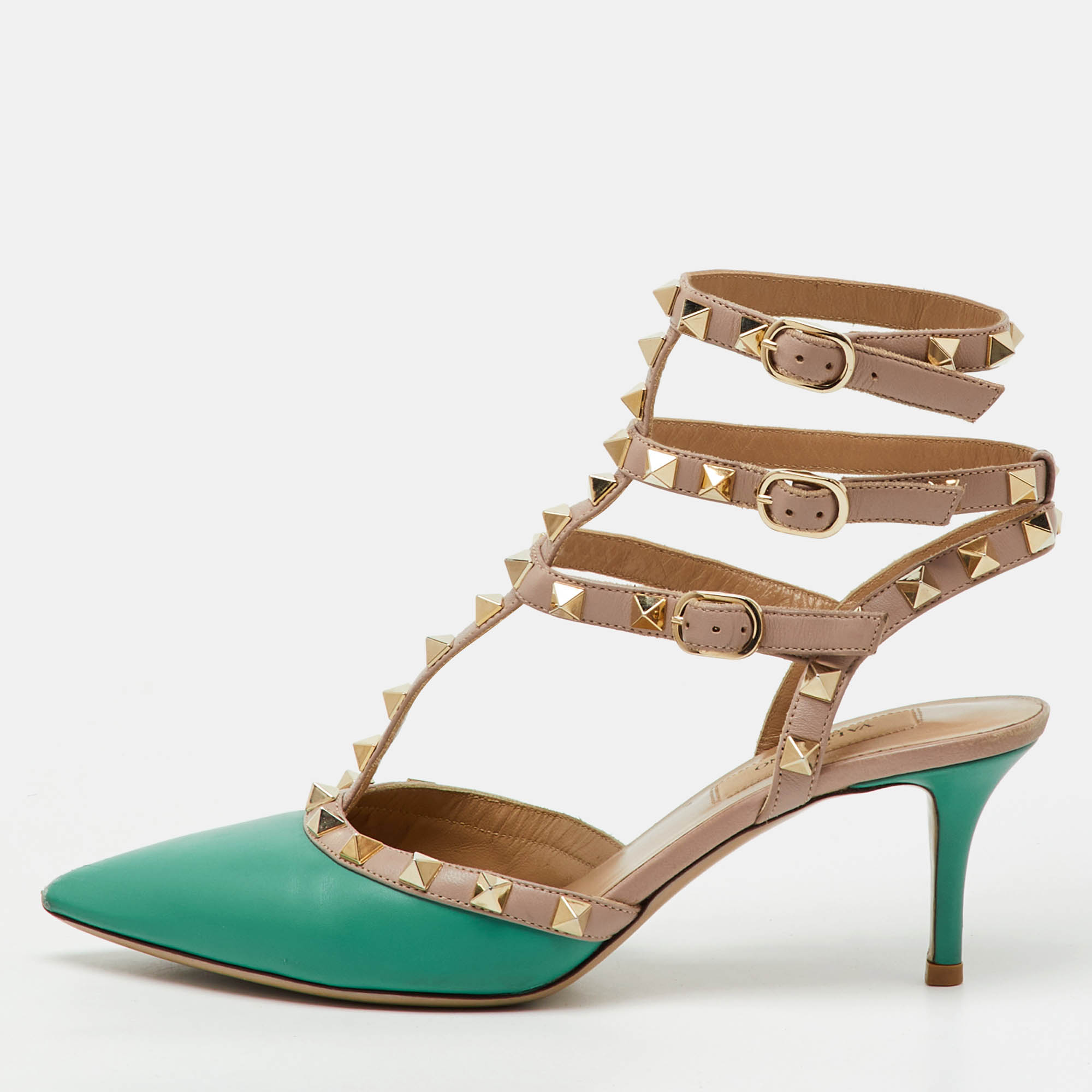 

Valentino Green/Old Rose Leather Rockstud Ankle Strap Pumps Size