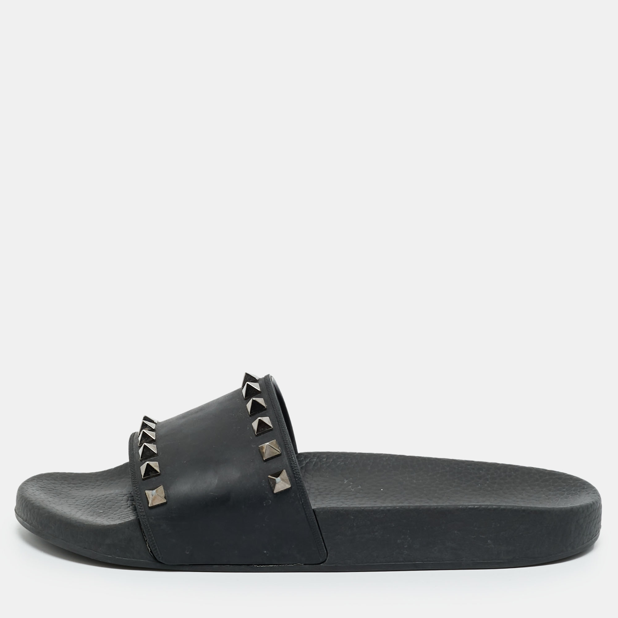 Pre-owned Valentino Garavani Black Rubber Rockstud Pool Slides Size 38