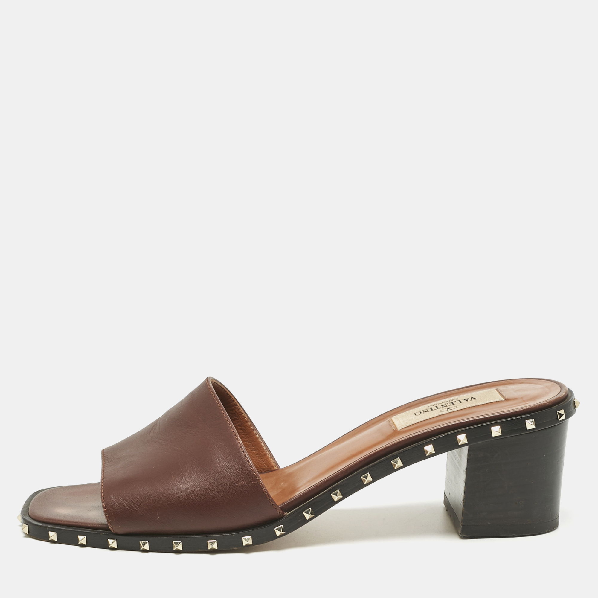 

Valentino Brown Leather Rockstud Open Toe Slide Sandals Size