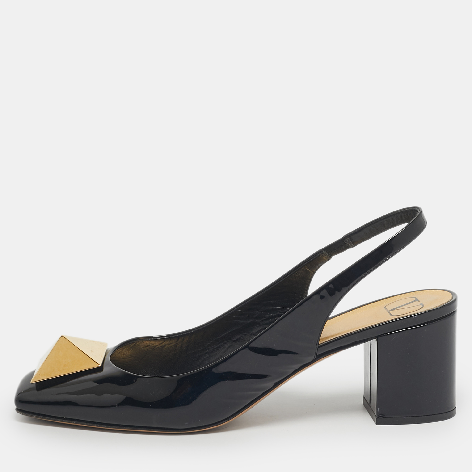 

Valentino Black Patent Leather One Stud Block Heel Pumps Size