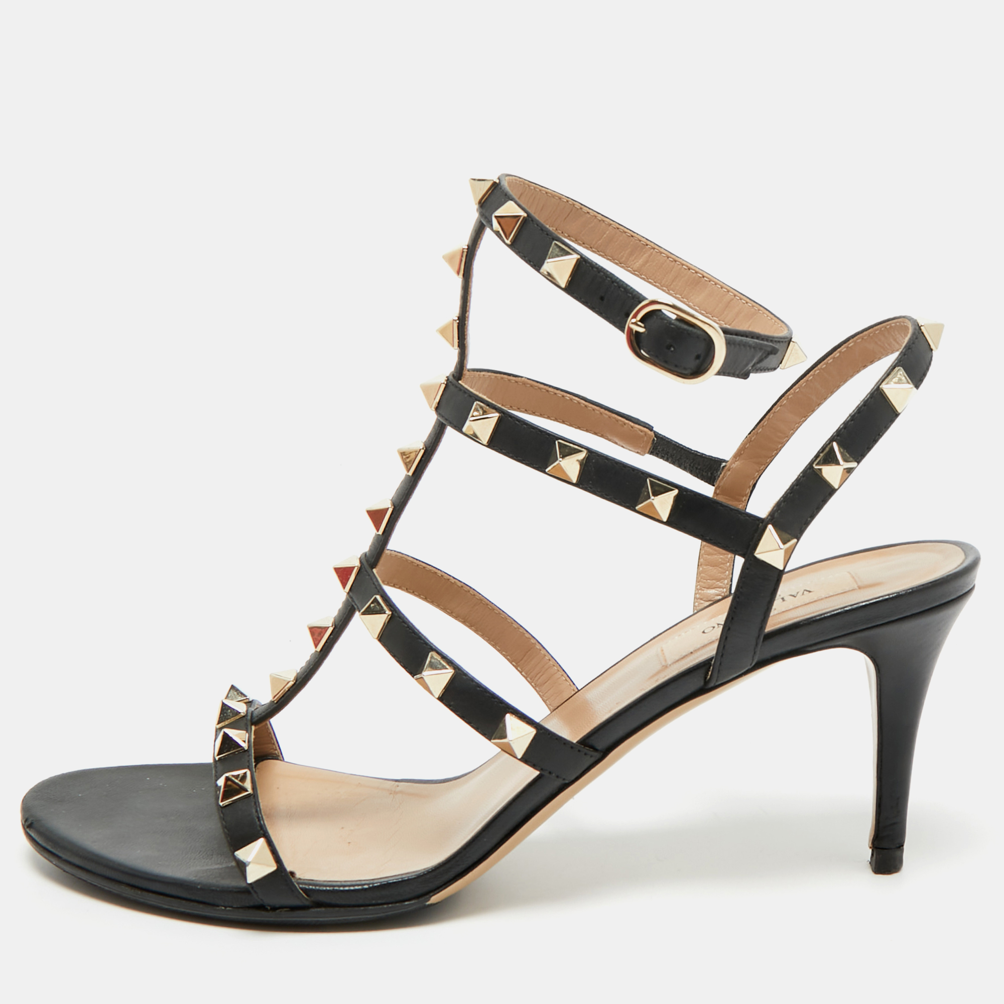 Valentino Black Leather Rockstud Ankle Strap Sandals Size 39