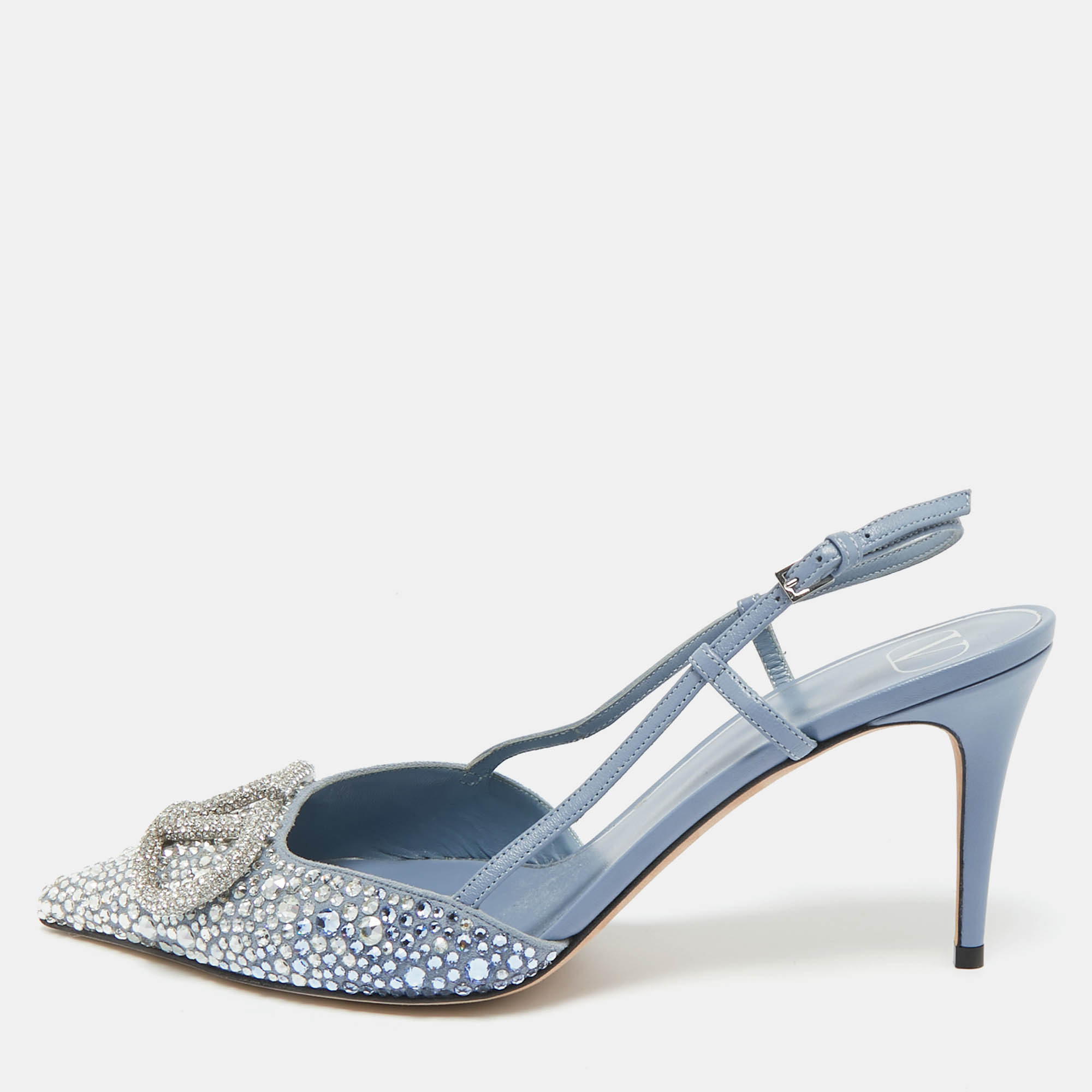 

Valentino Blue Leather and Suede Crystal Embellished VLogo Slingback Pumps Size