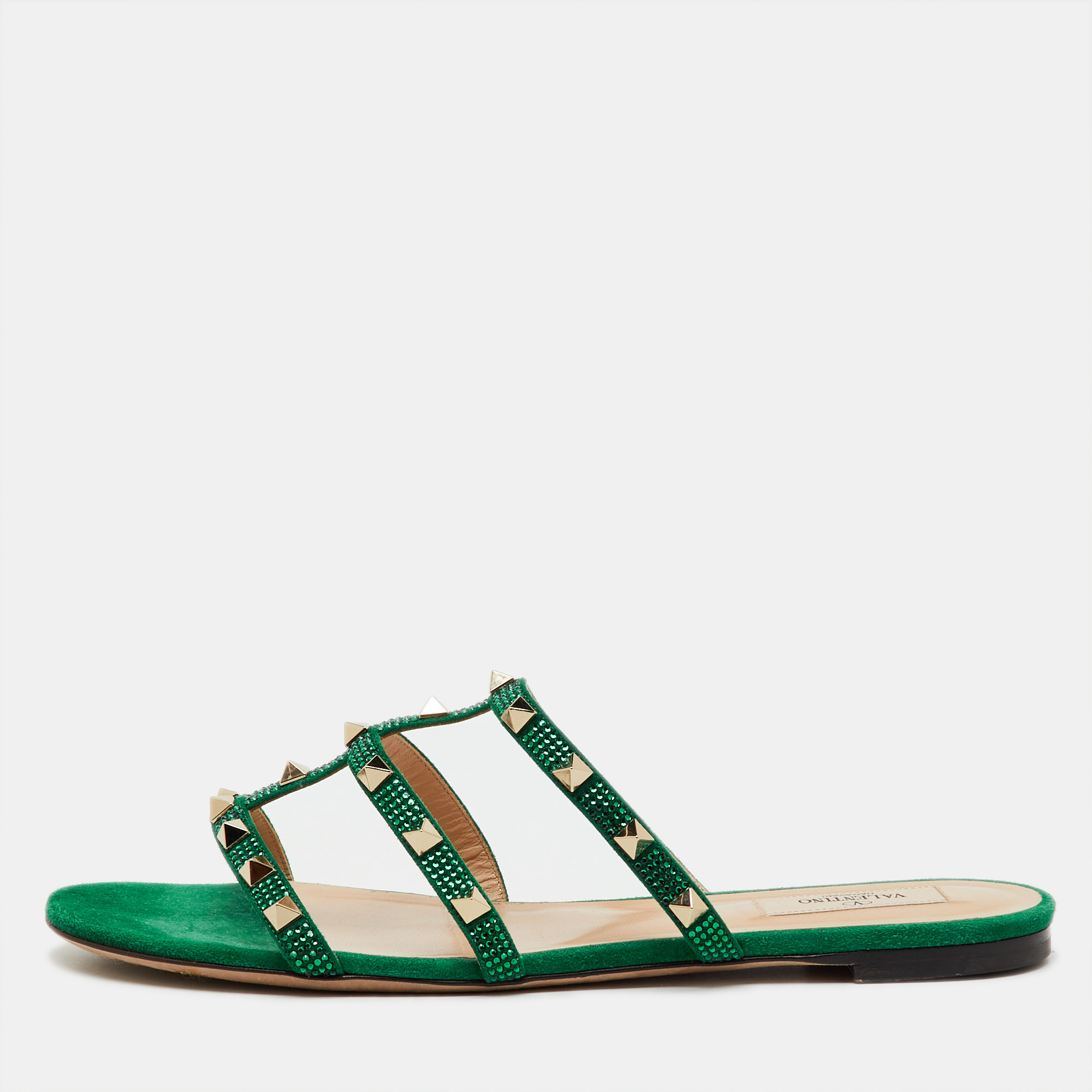 Valentino Green Suede Rockstud Crystal Embellished Flat Slide Sandals Size 40.5
