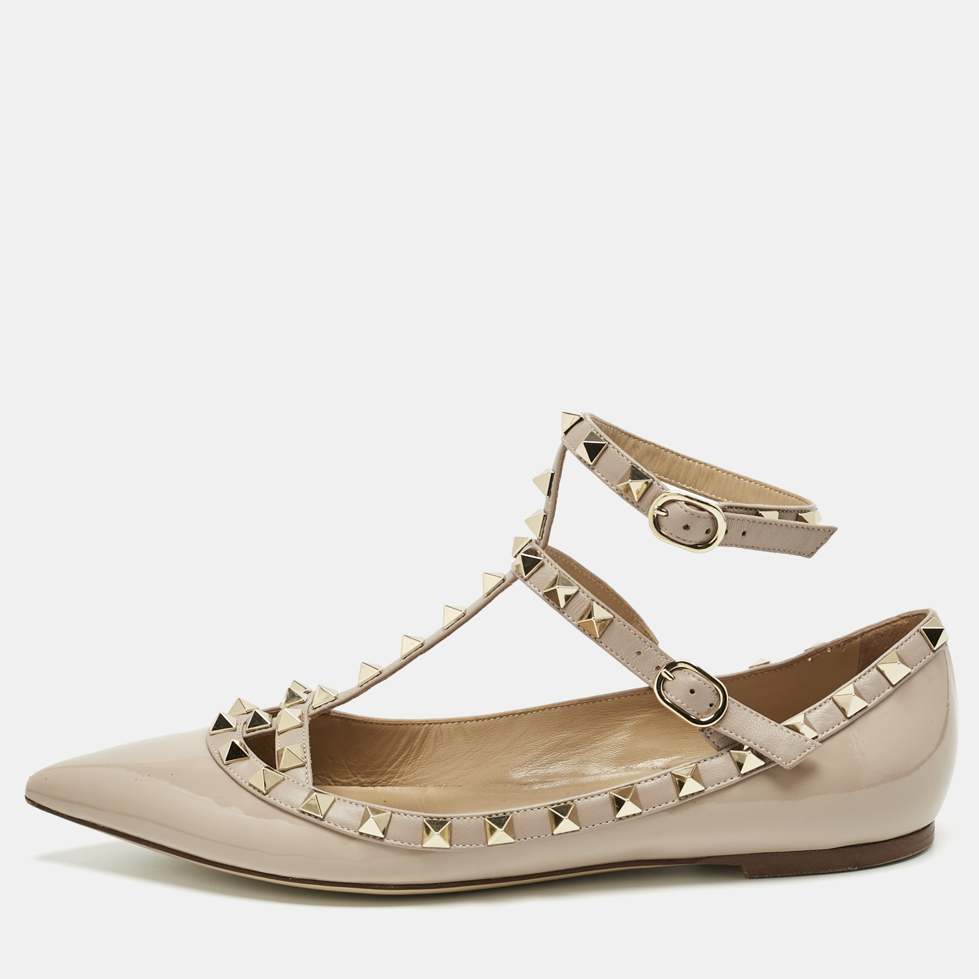 Valentino Beige Leather and Patent Leather Rockstud Ballet Flats Size 38.5