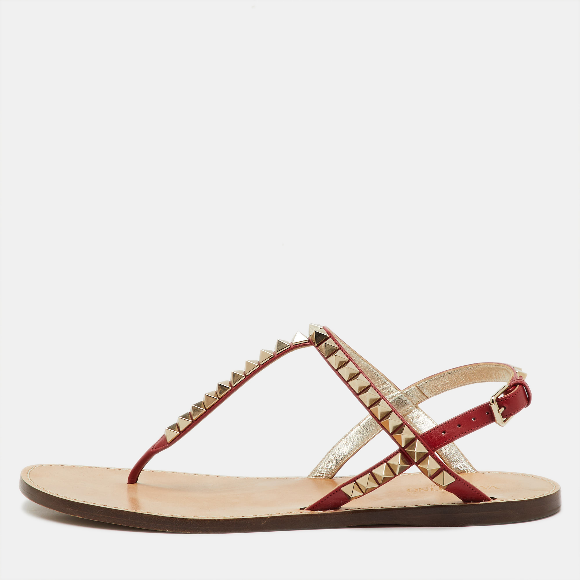 Valentino Red Leather Rockstud Thong Flat Sandals Size 38