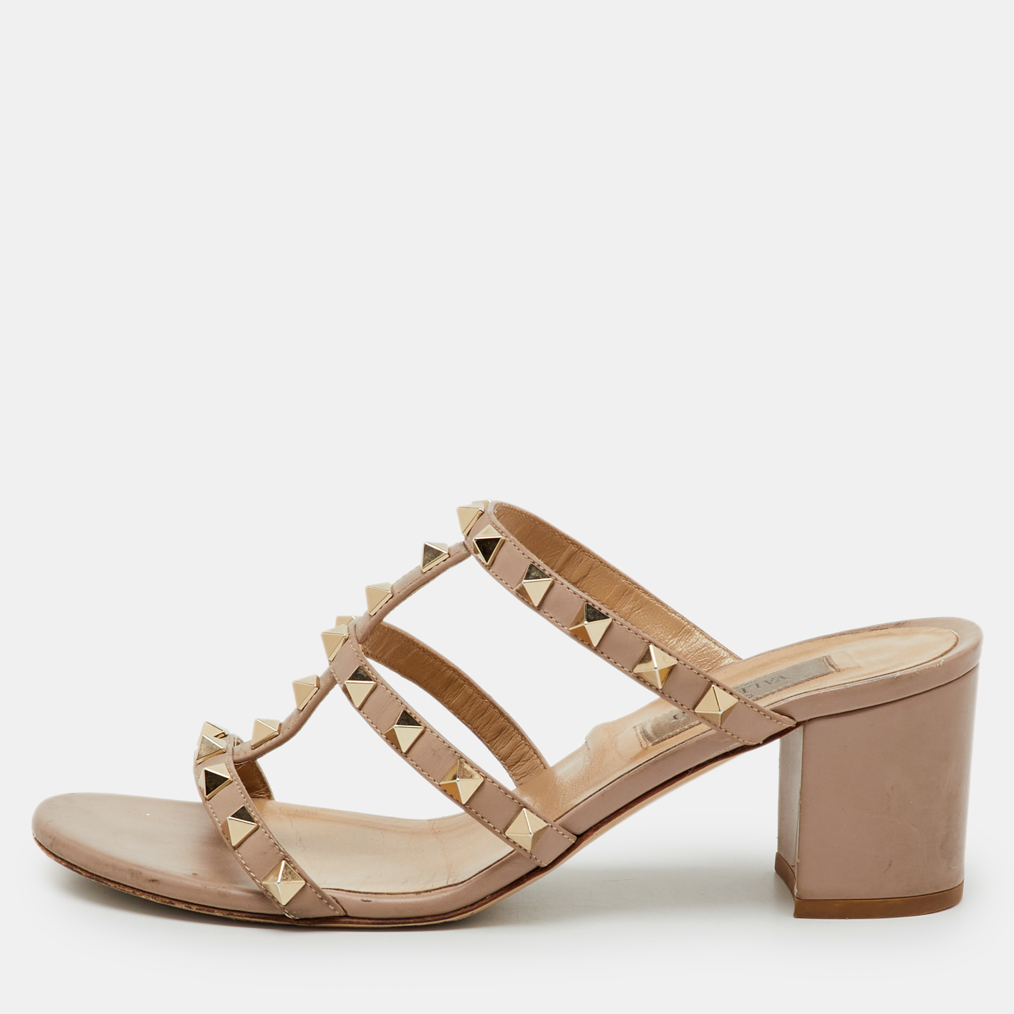 Valentino Beige Leather Rockstud Block Heel Slide Sandals Size 37