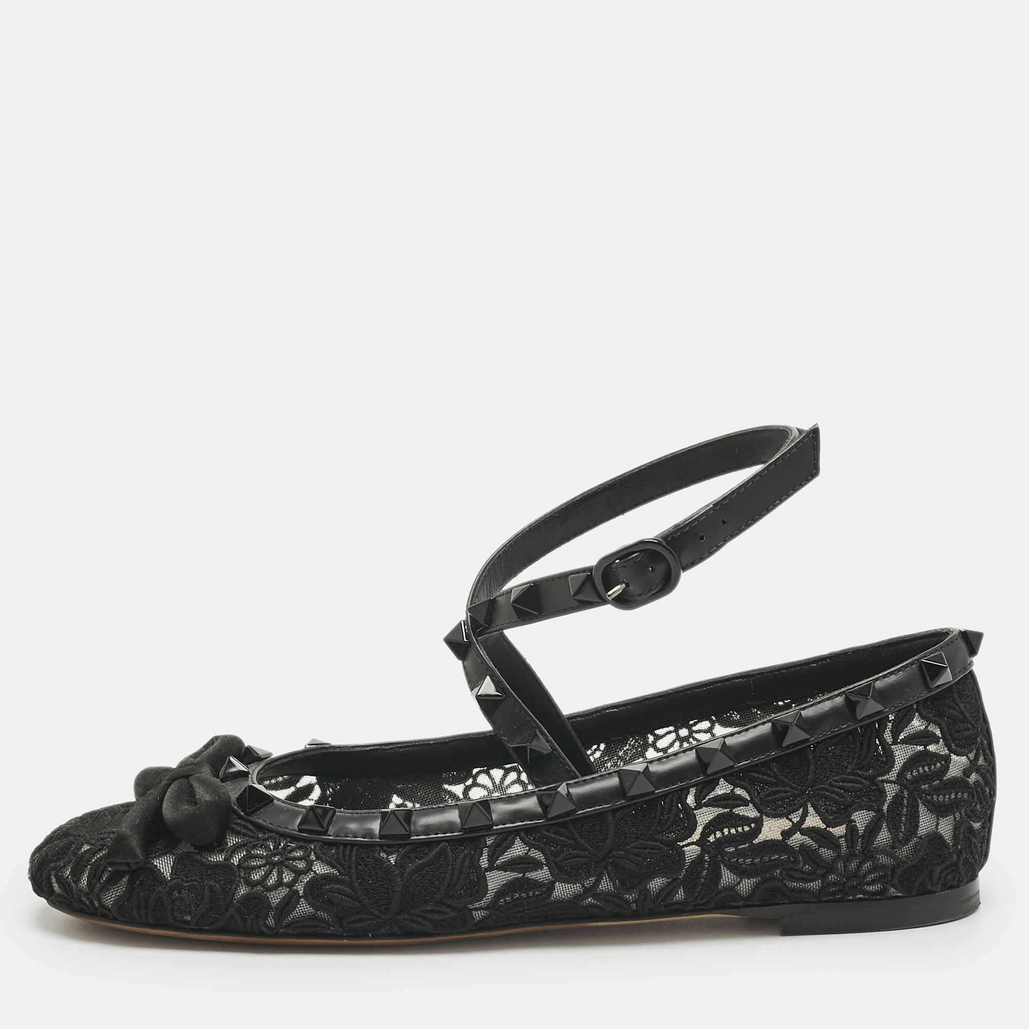 Valentino Black Lace andLeather Rockstud Ballet Flats Size 36