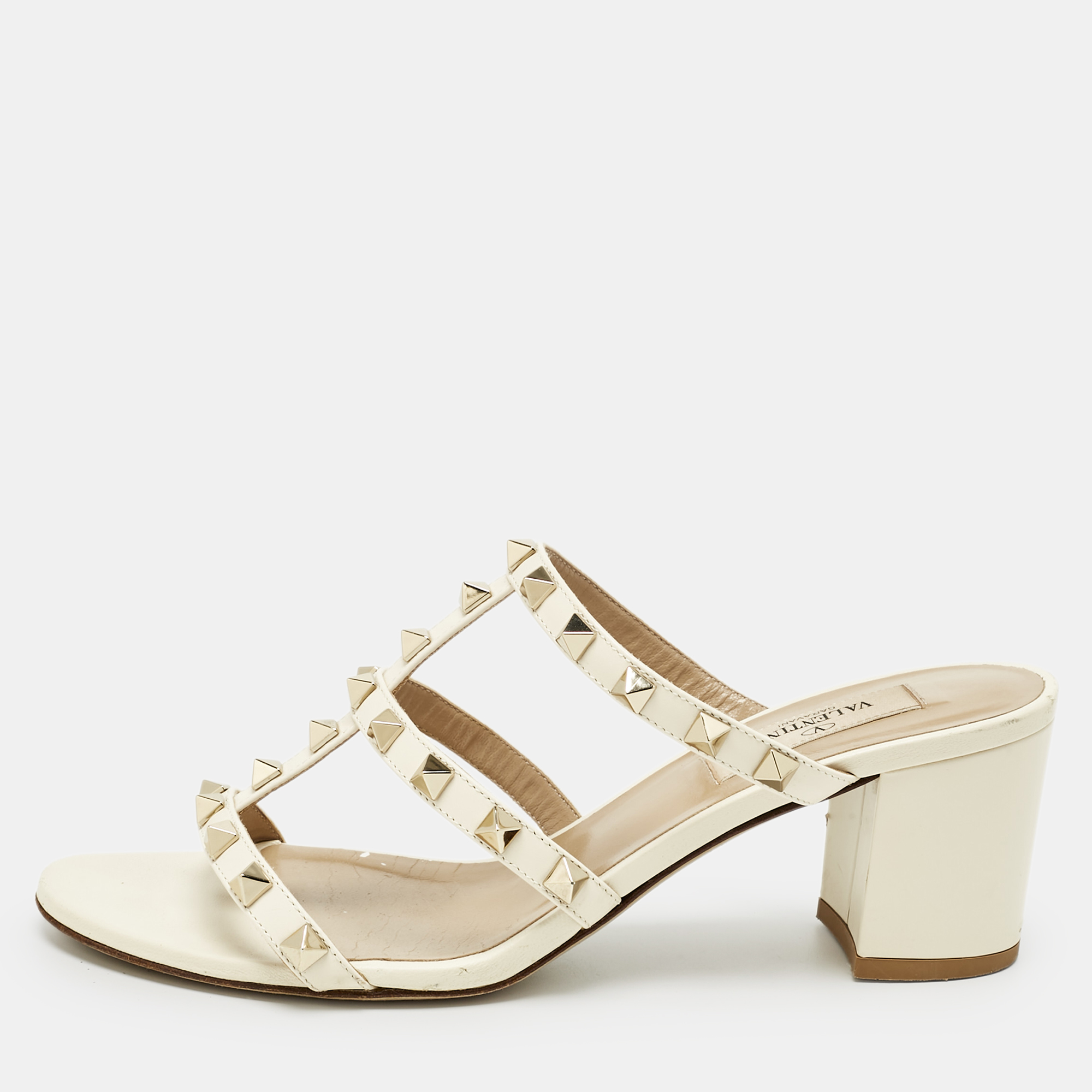 Valentino Cream Leather Rockstud Slide Sandals Size 37.5