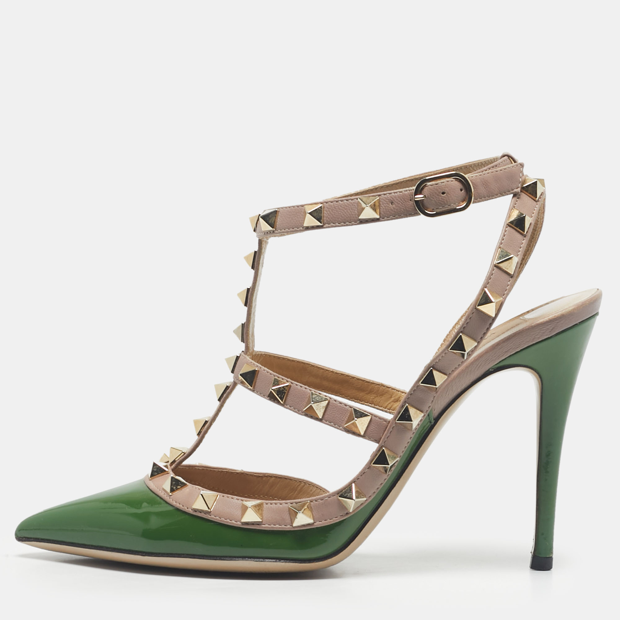

Valentino Beige/Green Leather and Patent Rockstud Pumps Size