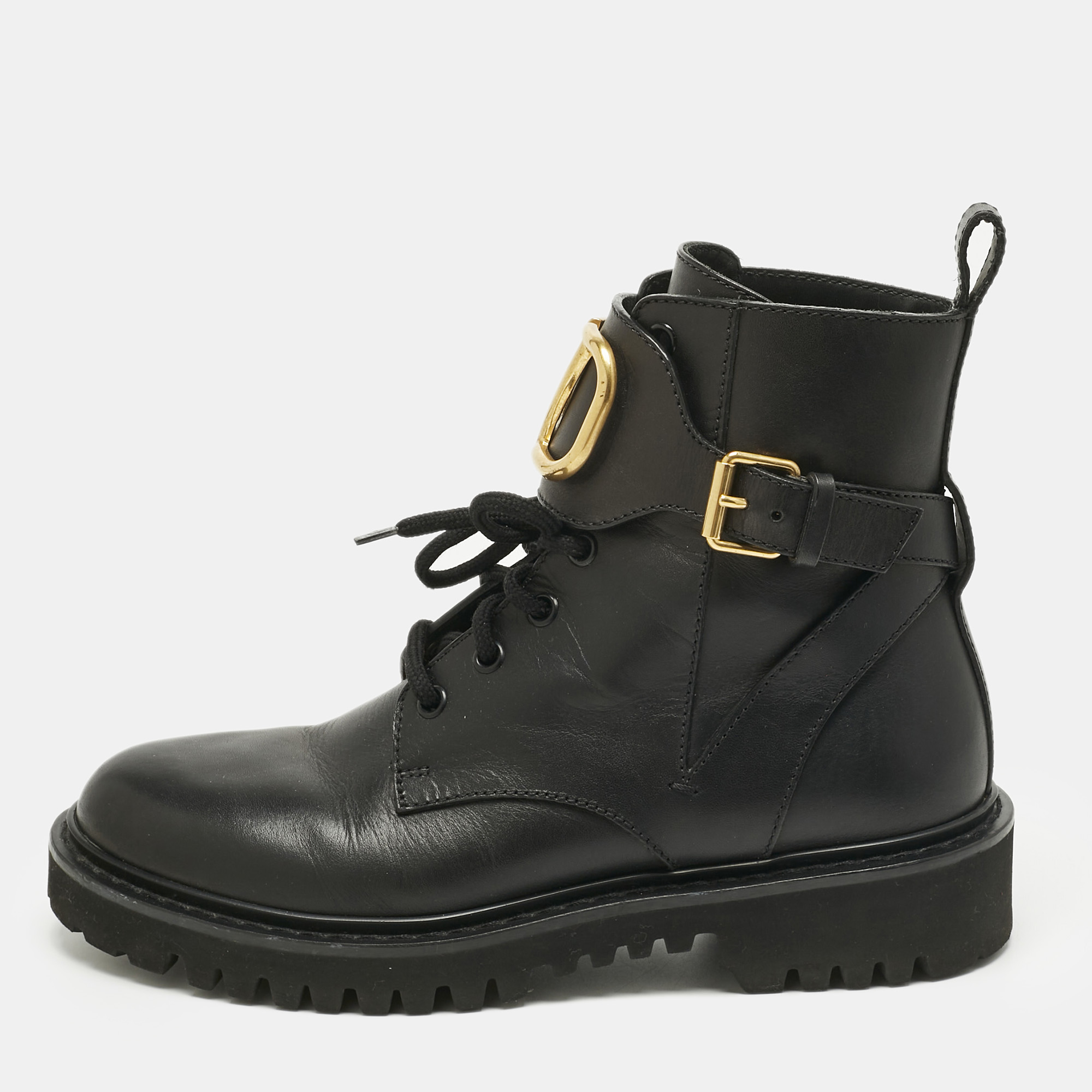 Valentino Black Leather VLogo Combat Boots Size 37