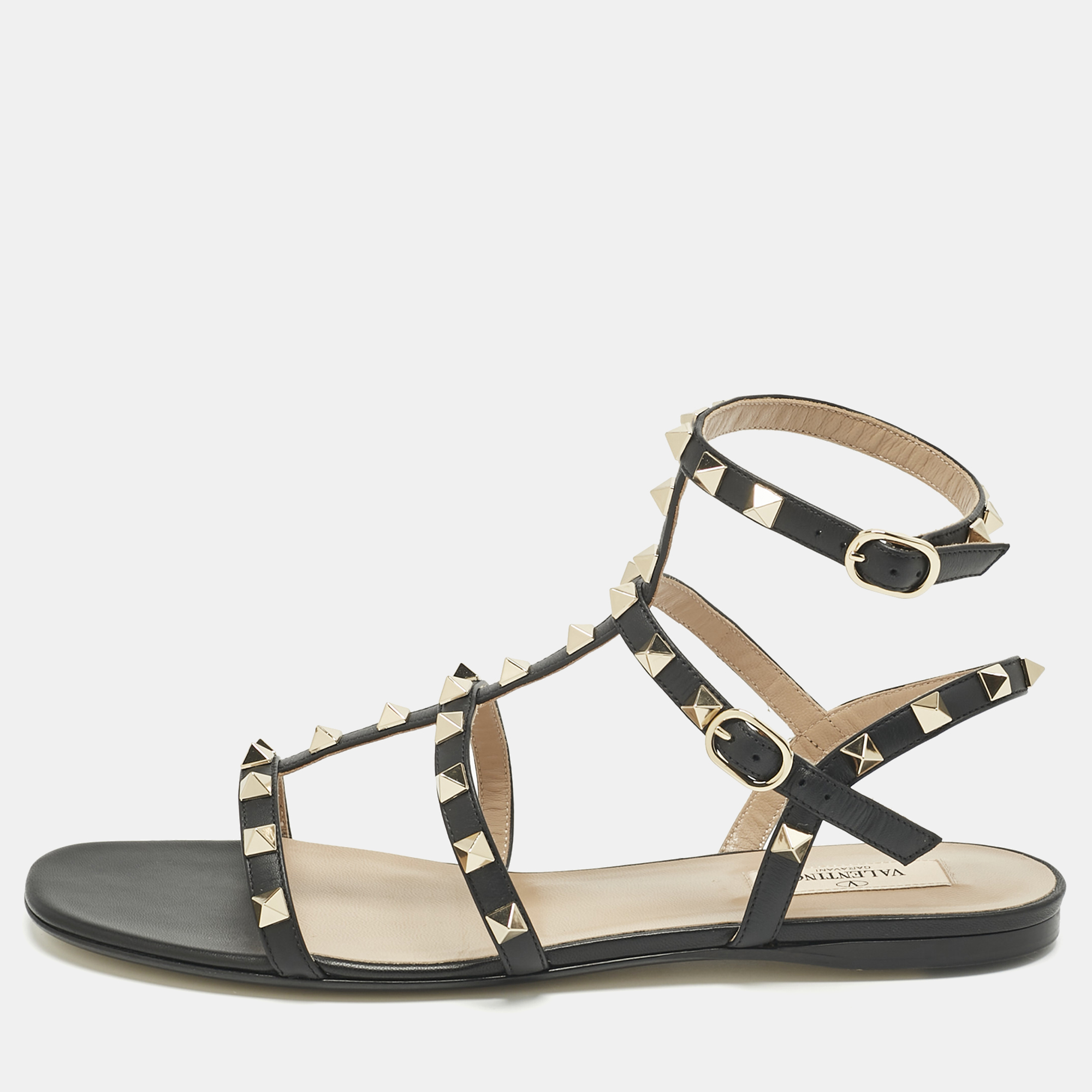 

Valentino Black Leather Rockstud Flat Sandals Size