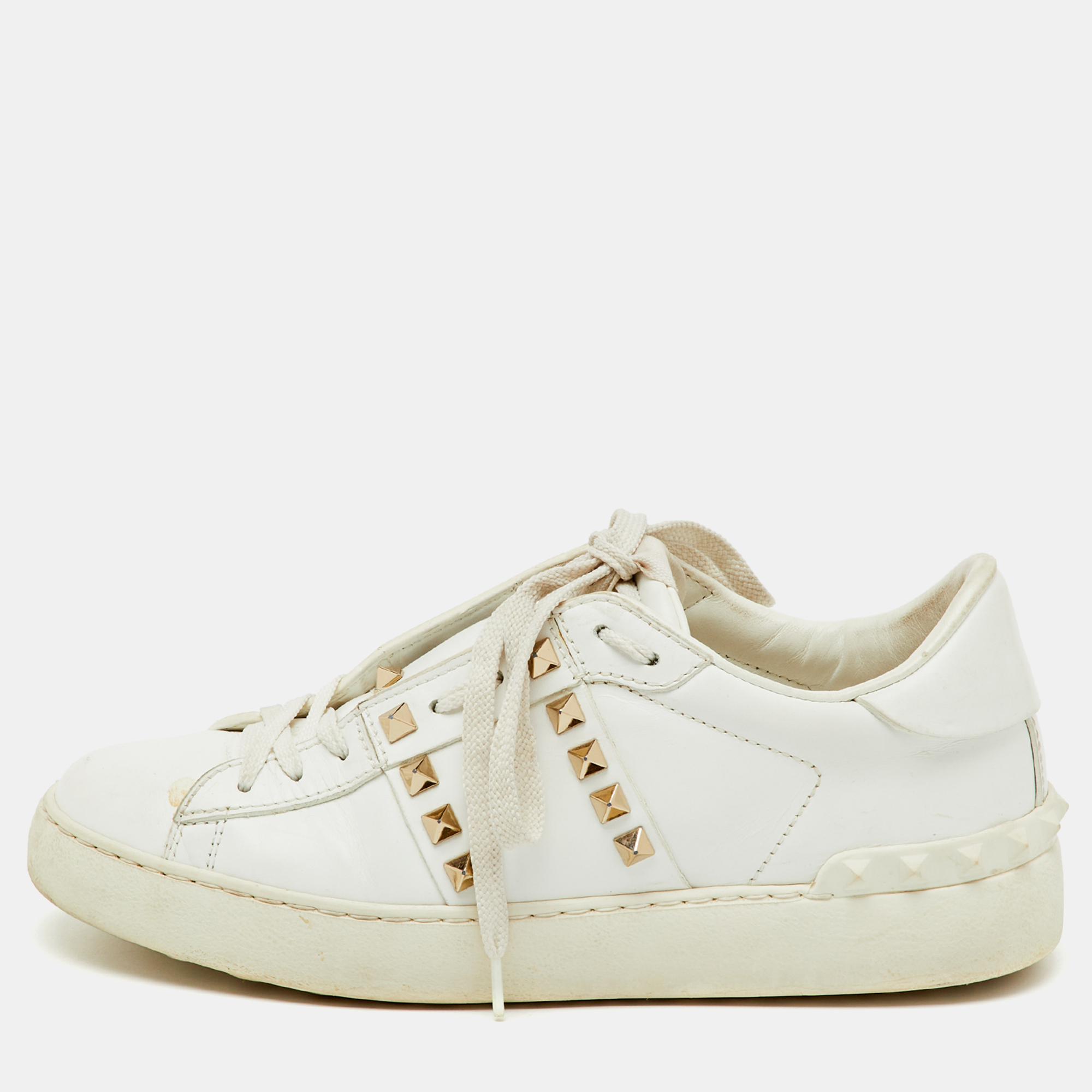 Valentino White Leather Rockstud Low Top Sneakers Size 37.5