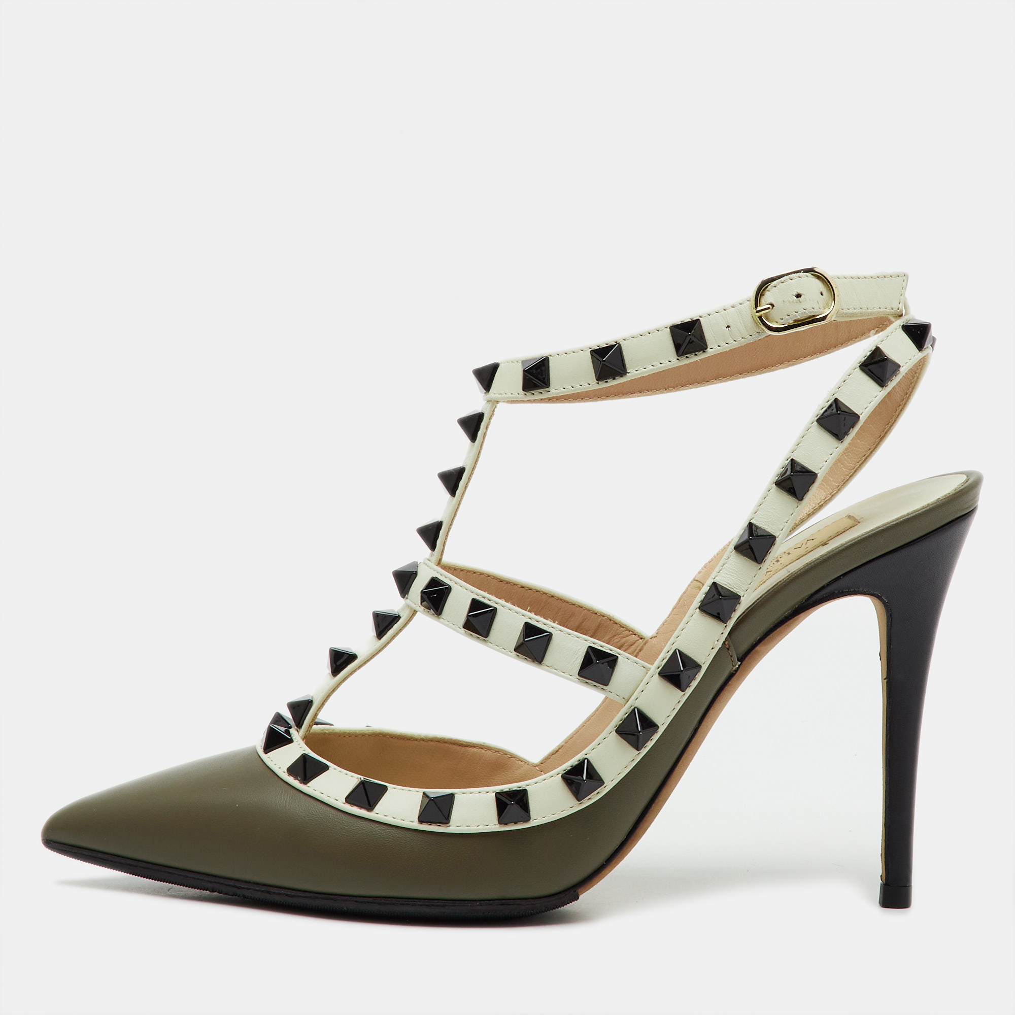 

Valentino White/Olive Green Leather Rockstud Ankle Strap Pumps Size
