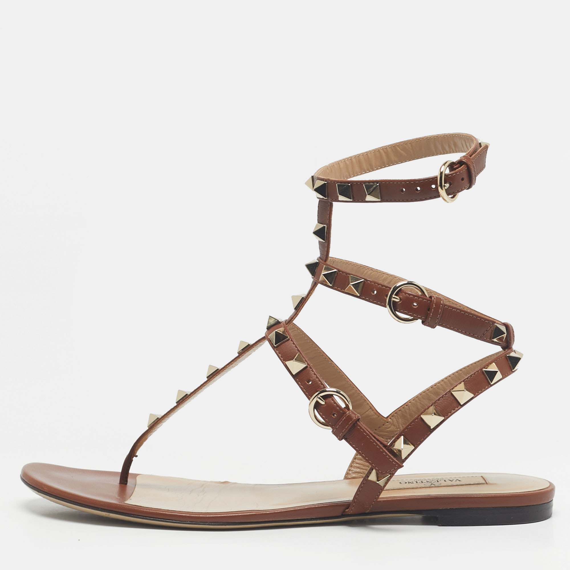 

Valentino Brown Leather Rockstud Flat Thong Sandals Size