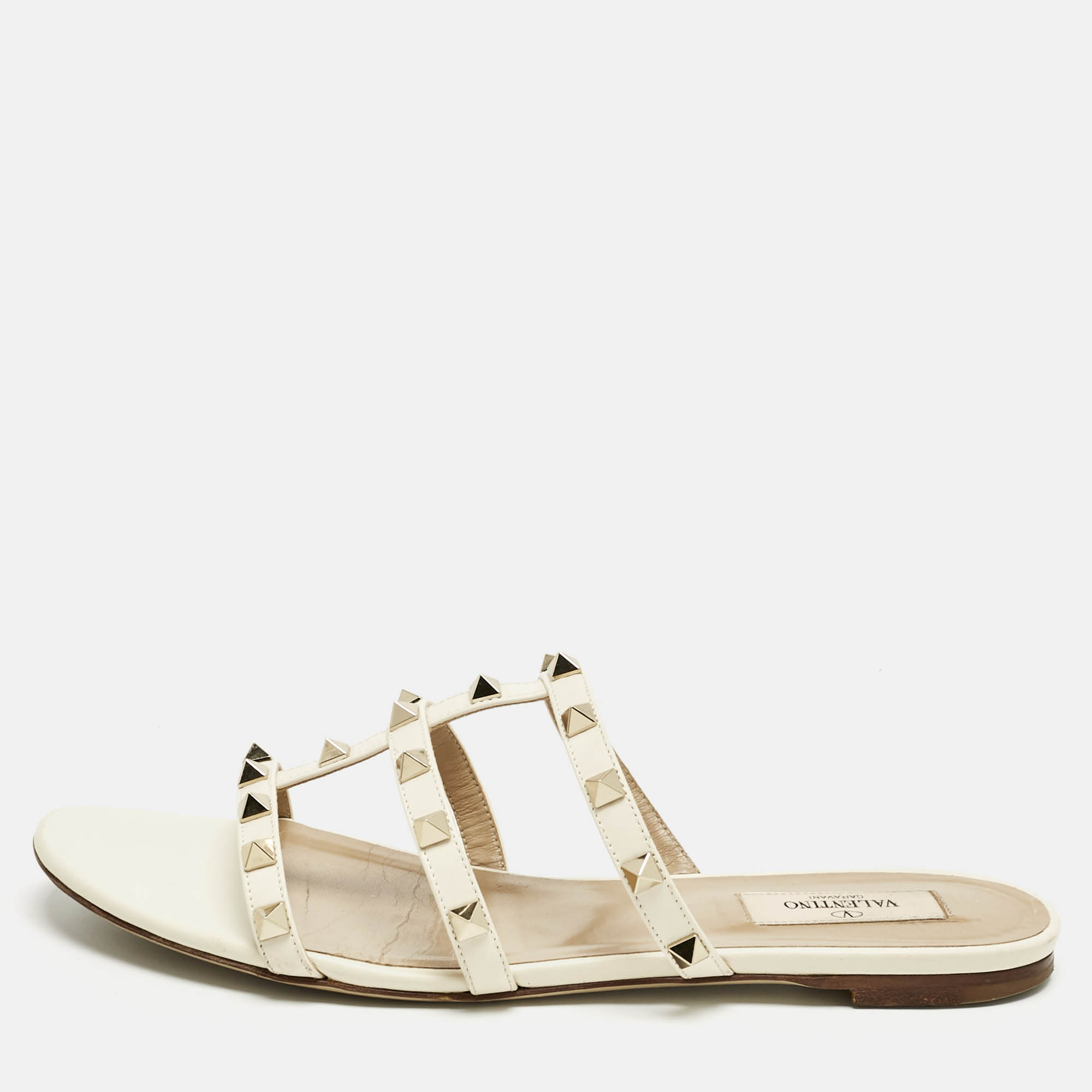 Valentino Cream Leather Rockstud Flat Slides Size 39