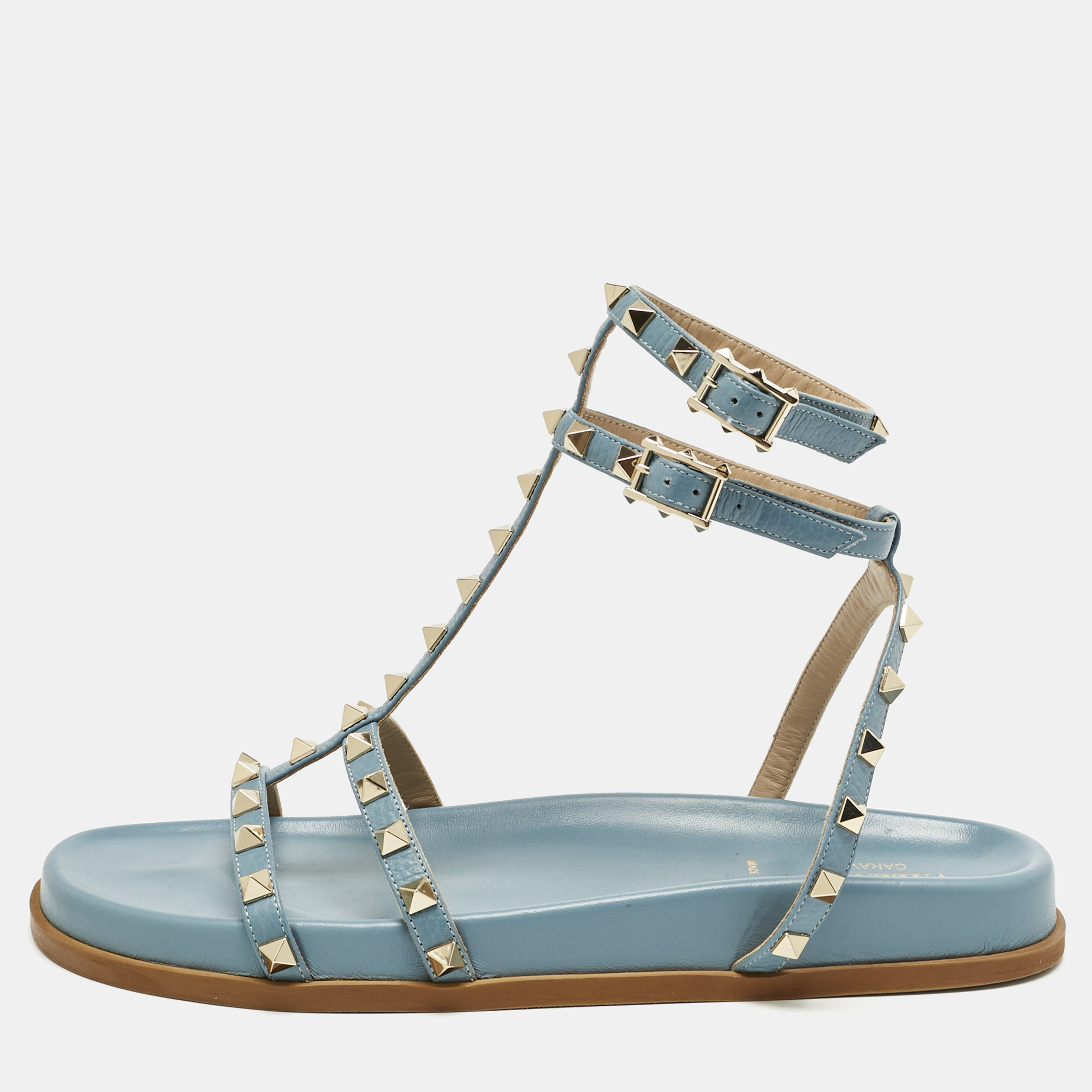 Valentino Blue Leather And PVC Rockstud Ankle Strap Flat Slides Size 40.5