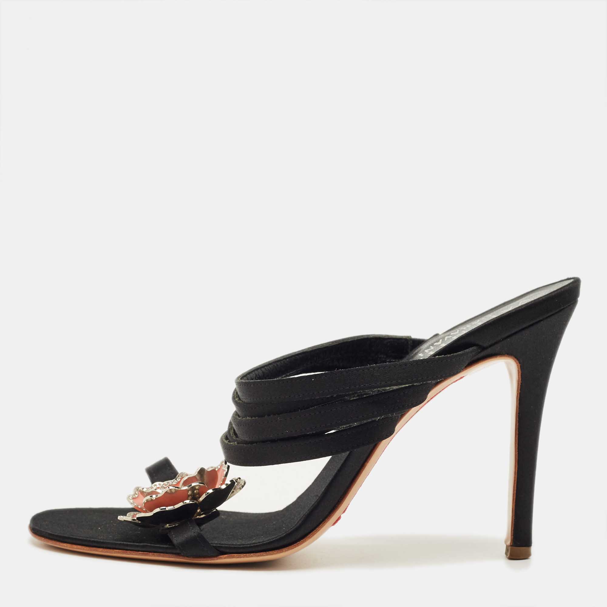 

Valentino Black Satin Flower Embellish Slide Sandals Size