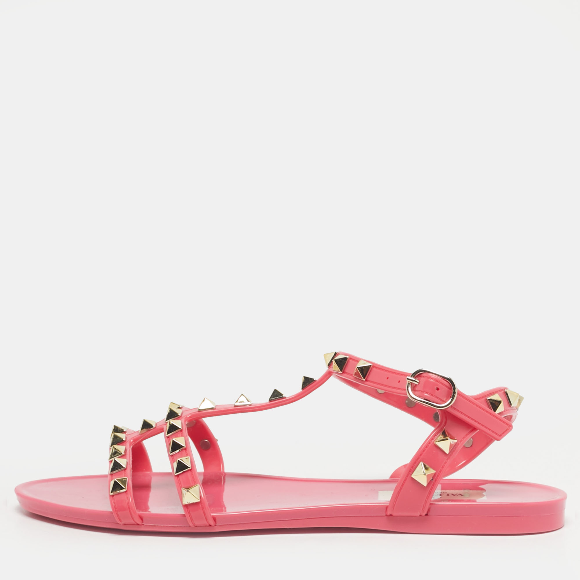 

Valentino Pink Jelly Rockstud Ankle Strap Flats Size