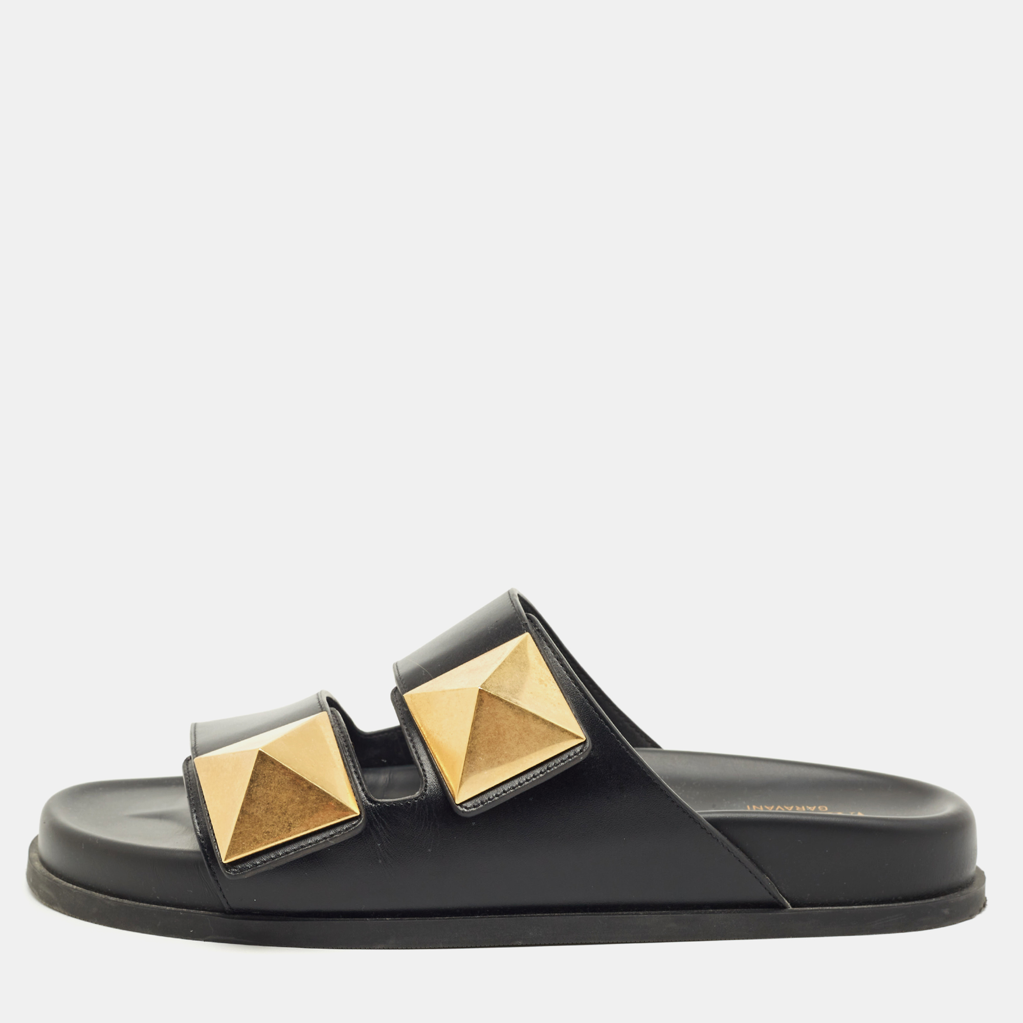 

Valentino Black Leather One Stud Flat Sandals Size
