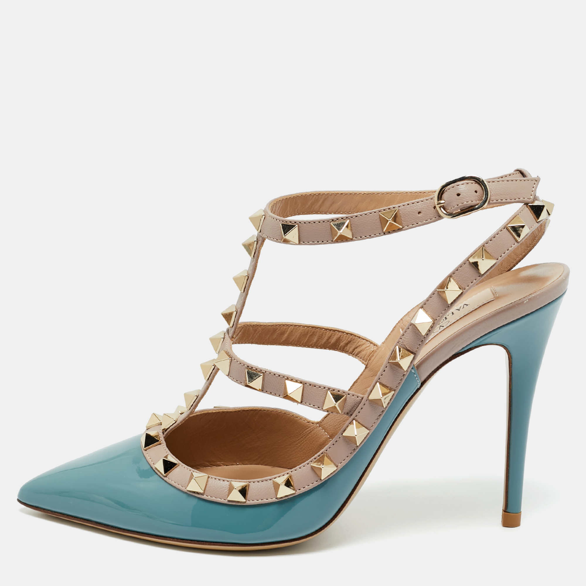 

Valentino Blue/Beige Leather and Patent Rockstud Ankle Strap Pumps Size