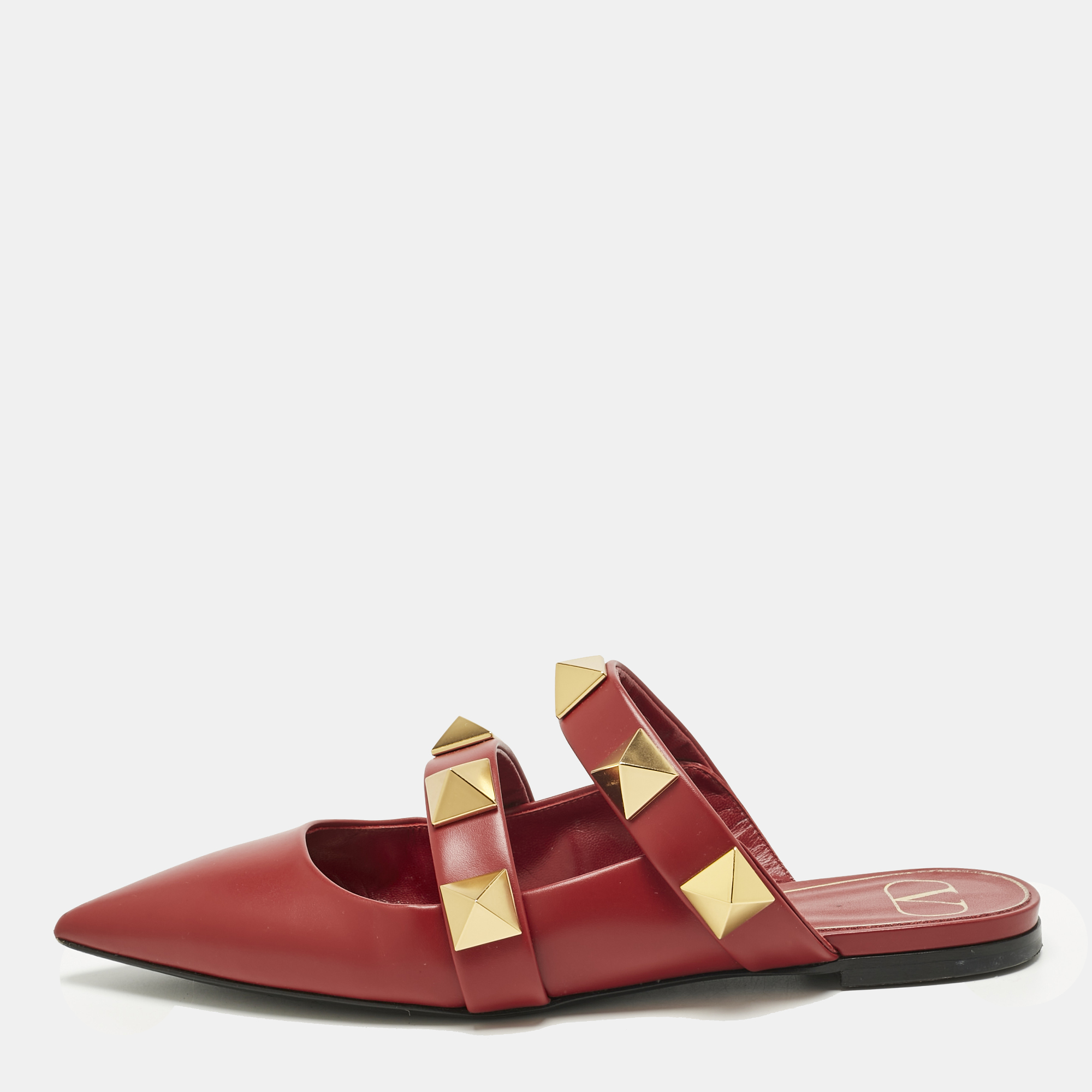 

Valentino Burgundy Leather Roman Stud Flat Mules Size