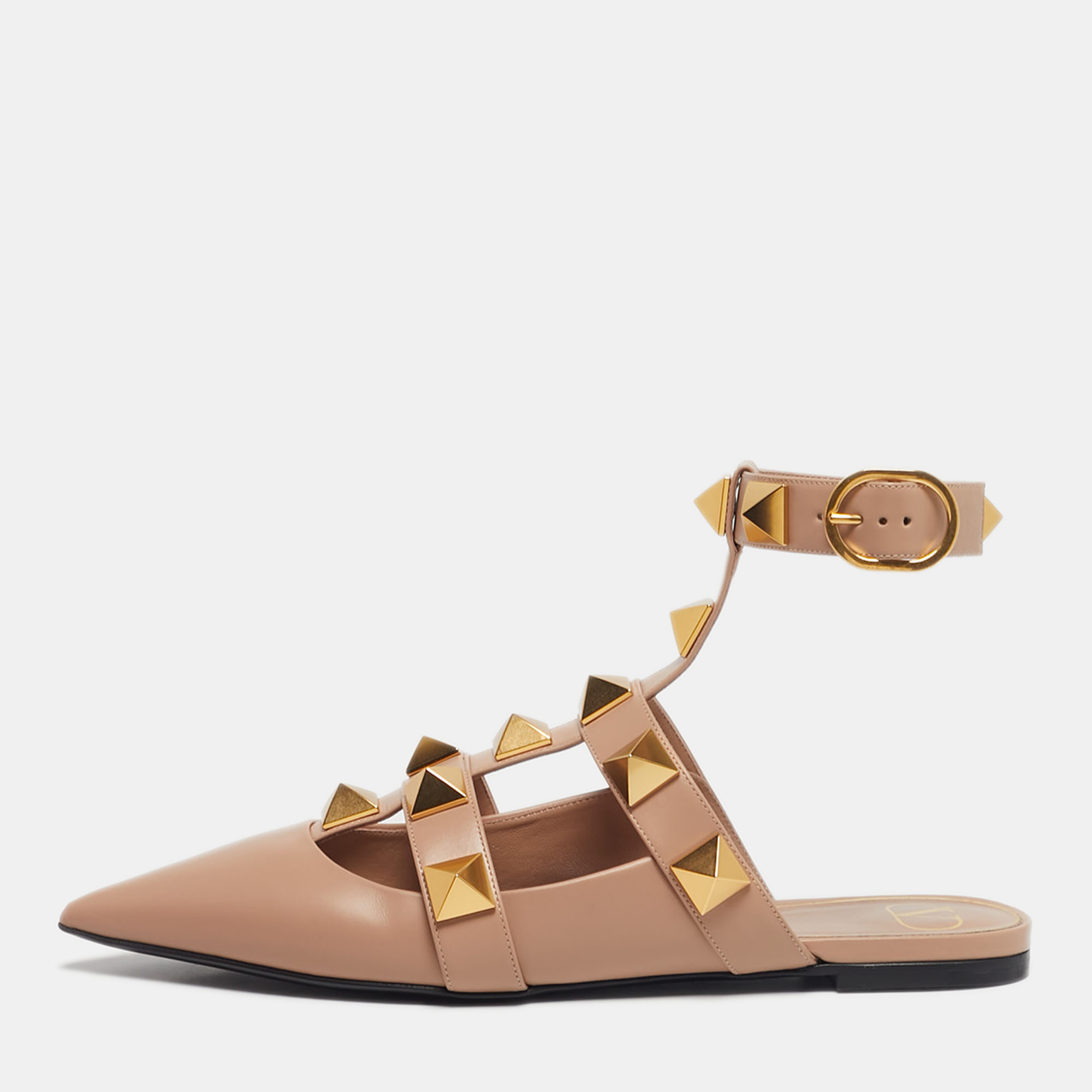 

Valentino Dusty Pink Leather Roman Stud Ankle Strap Flats Size