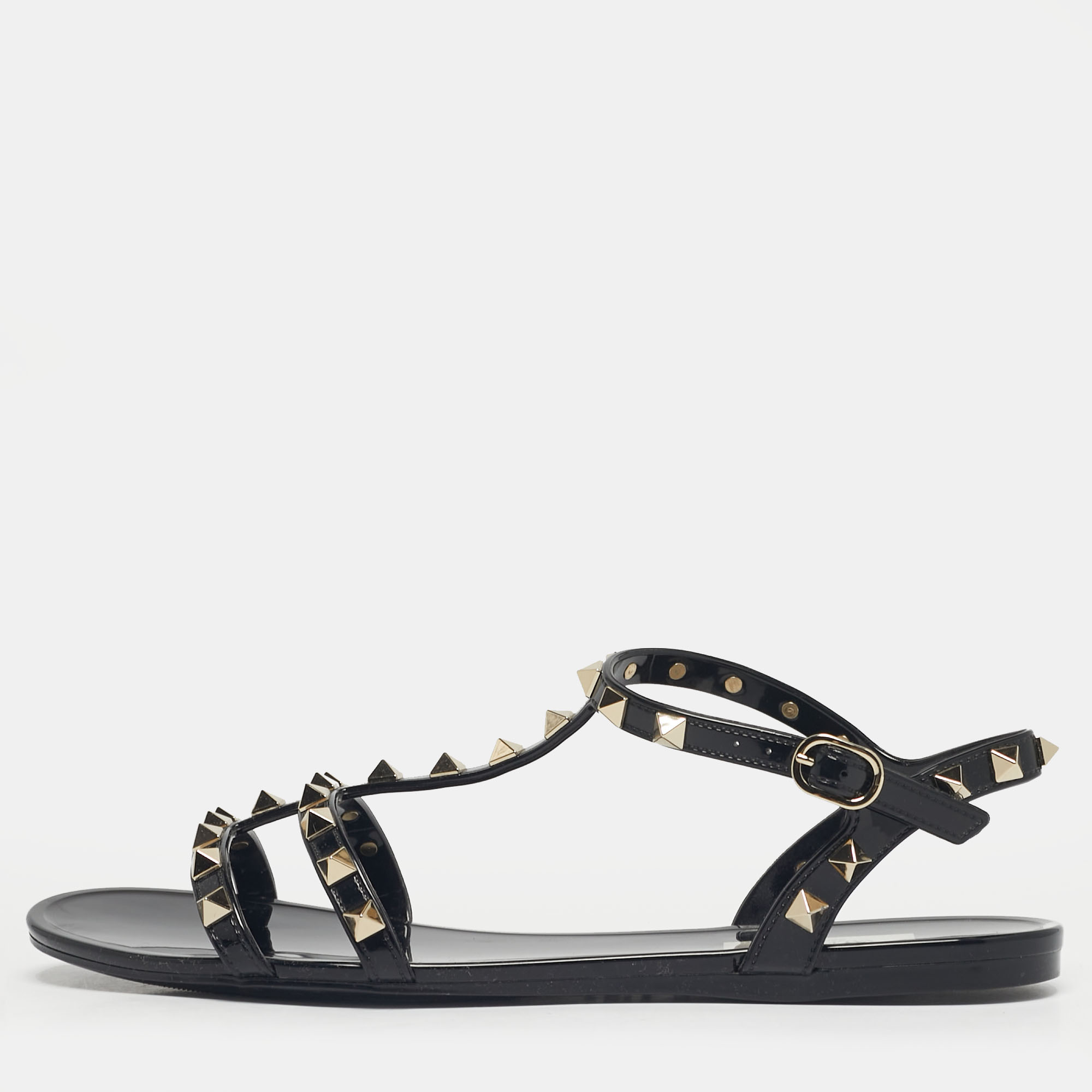 Pre-owned Valentino Garavani Black Jelly Rockstud Ankle Strap Flats Size 39 In Sand
