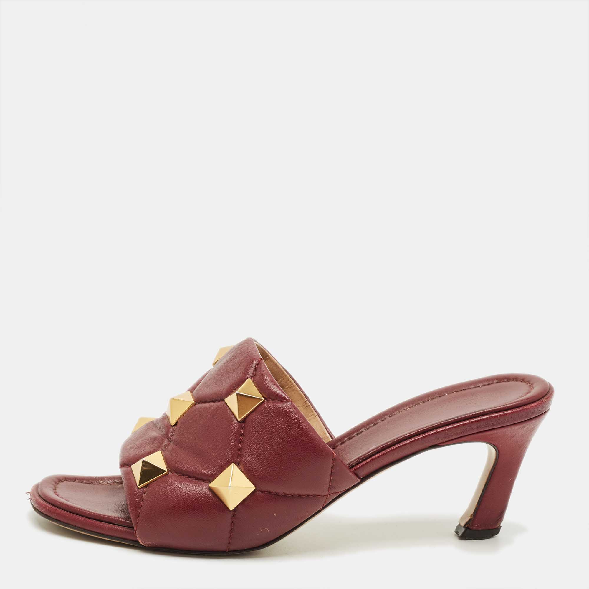 

Valentino Dark Red Leather Roman Stud Slide Sandals Size