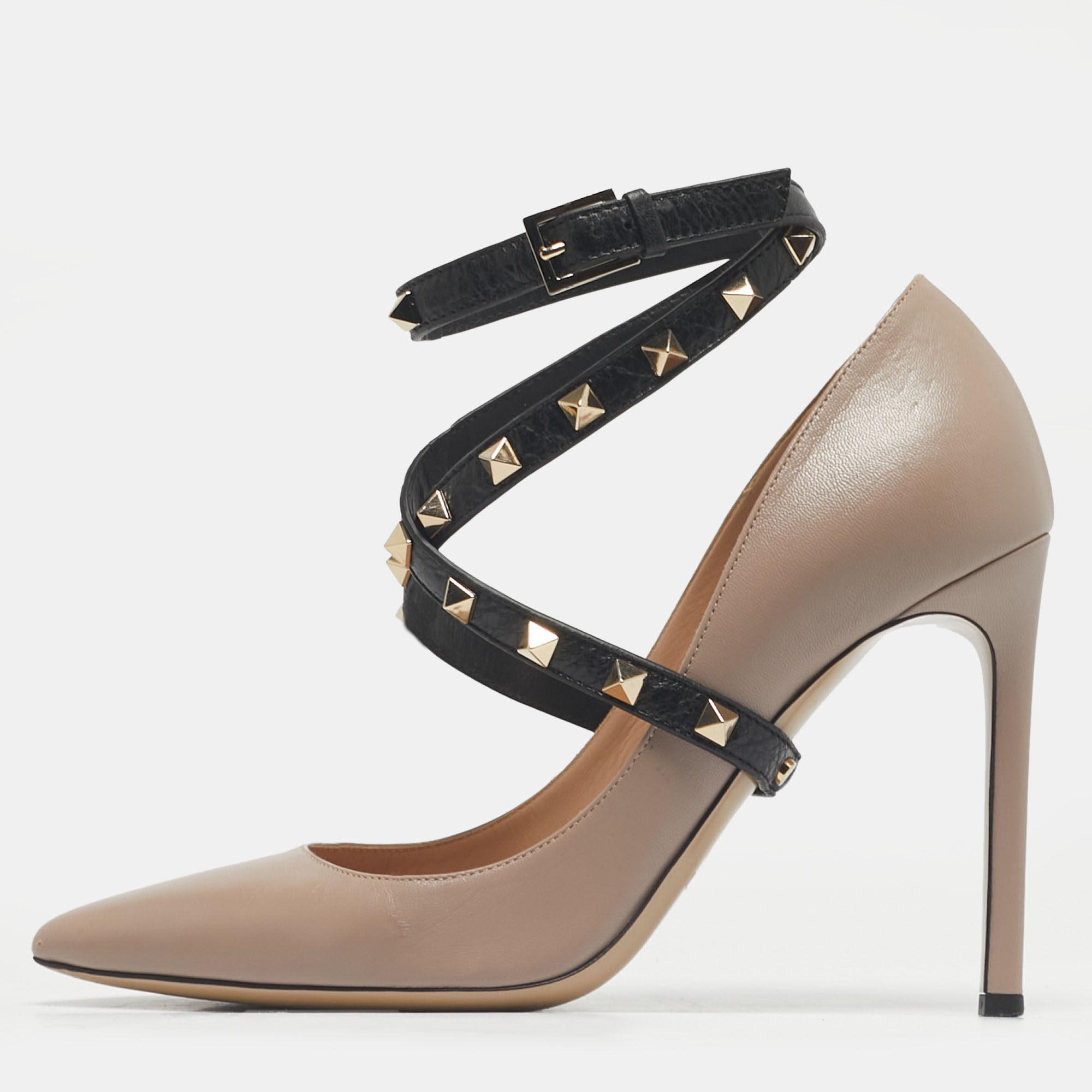 

Valentino Beige/Black Leather Rockstud Ankle Strap Pumps Size