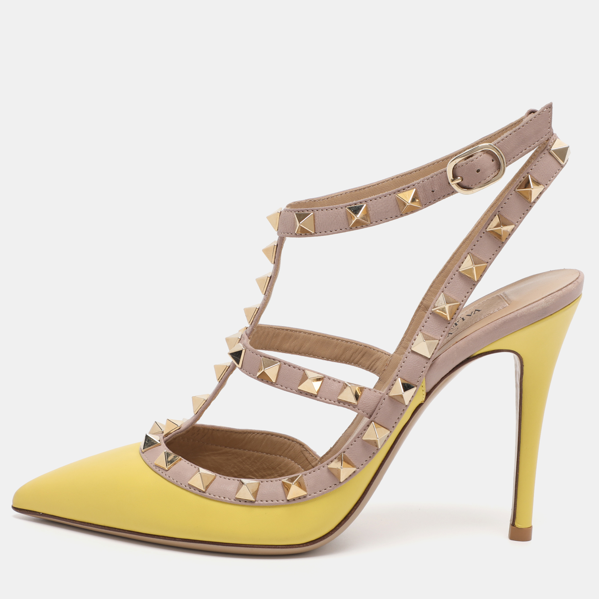 

Valentino Yellow/Beige Patent Leather Rockstud Caged Ankle Strap Pumps Size