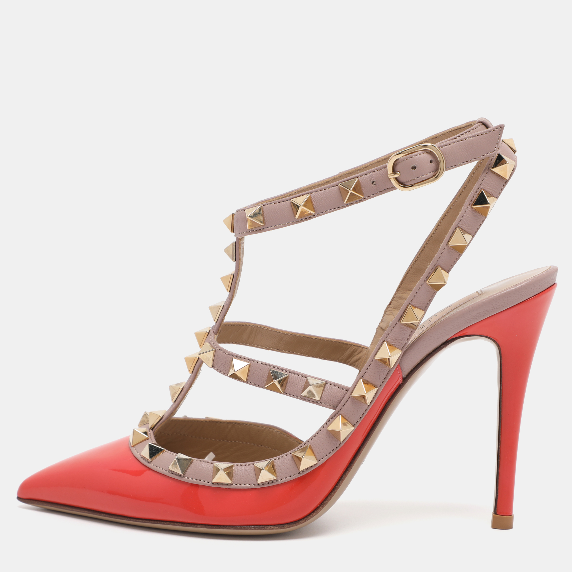 

Valentino Orange/Beige Patent Leather Rockstud Caged Ankle Strap Pumps Size