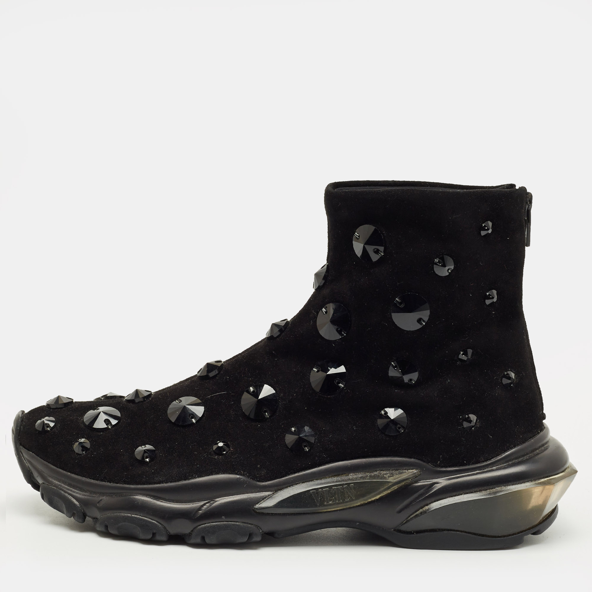

Valentino Black Suede Crystal Embellished High Top Sneakers Size