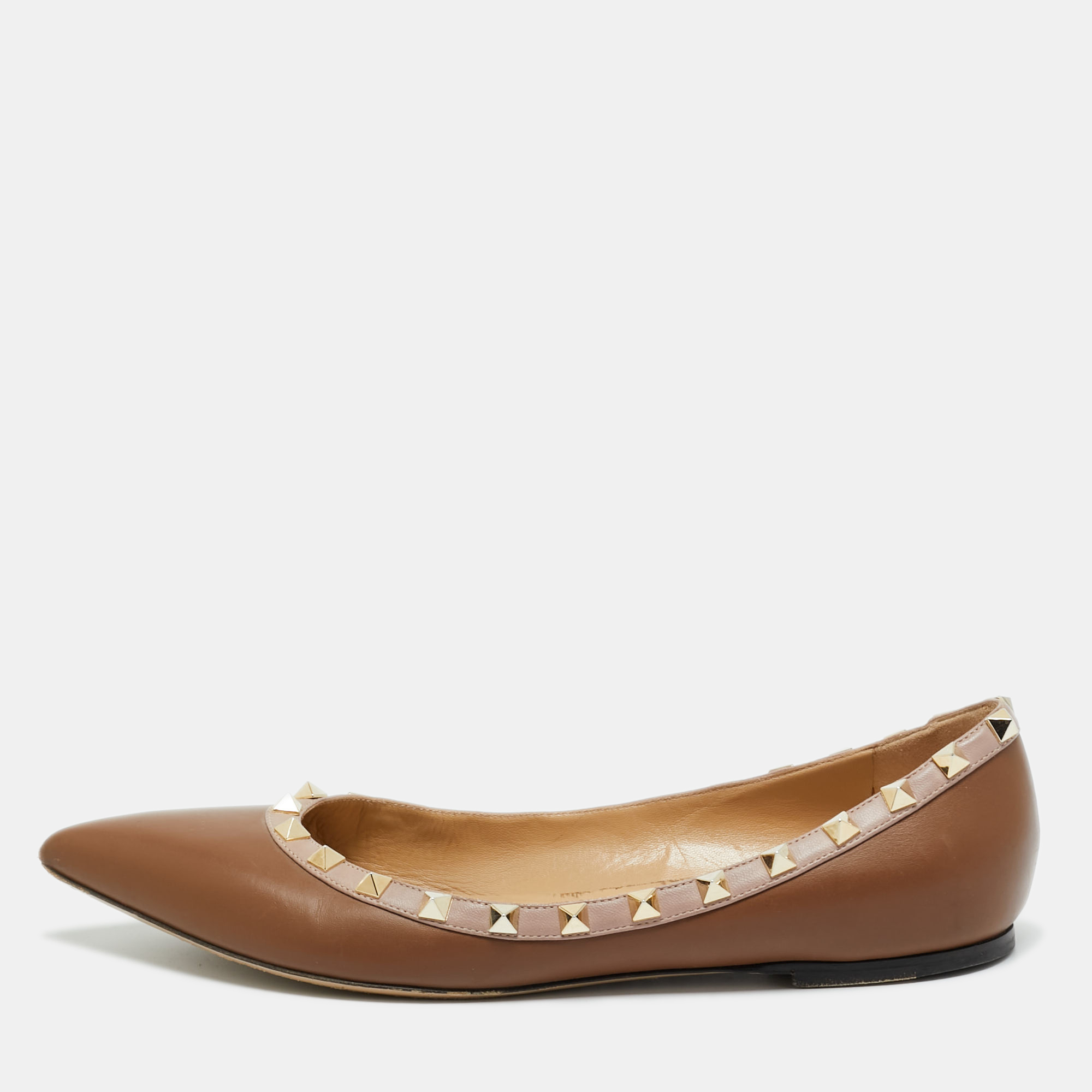 

Valentino Brown/Beige Leather Rockstud Ballet Flats Size