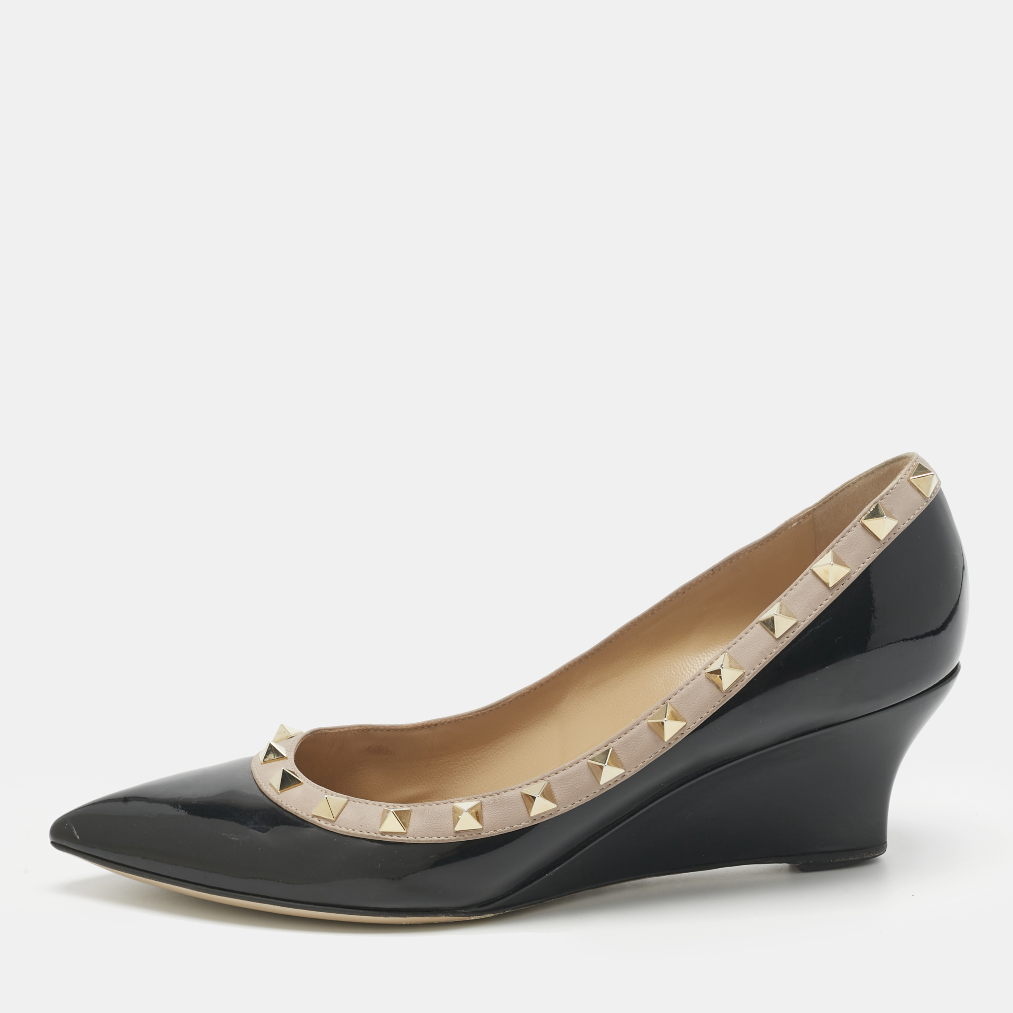 

Valentino Black Leather Rockstud Pointed Toe Wedge Pumps Size
