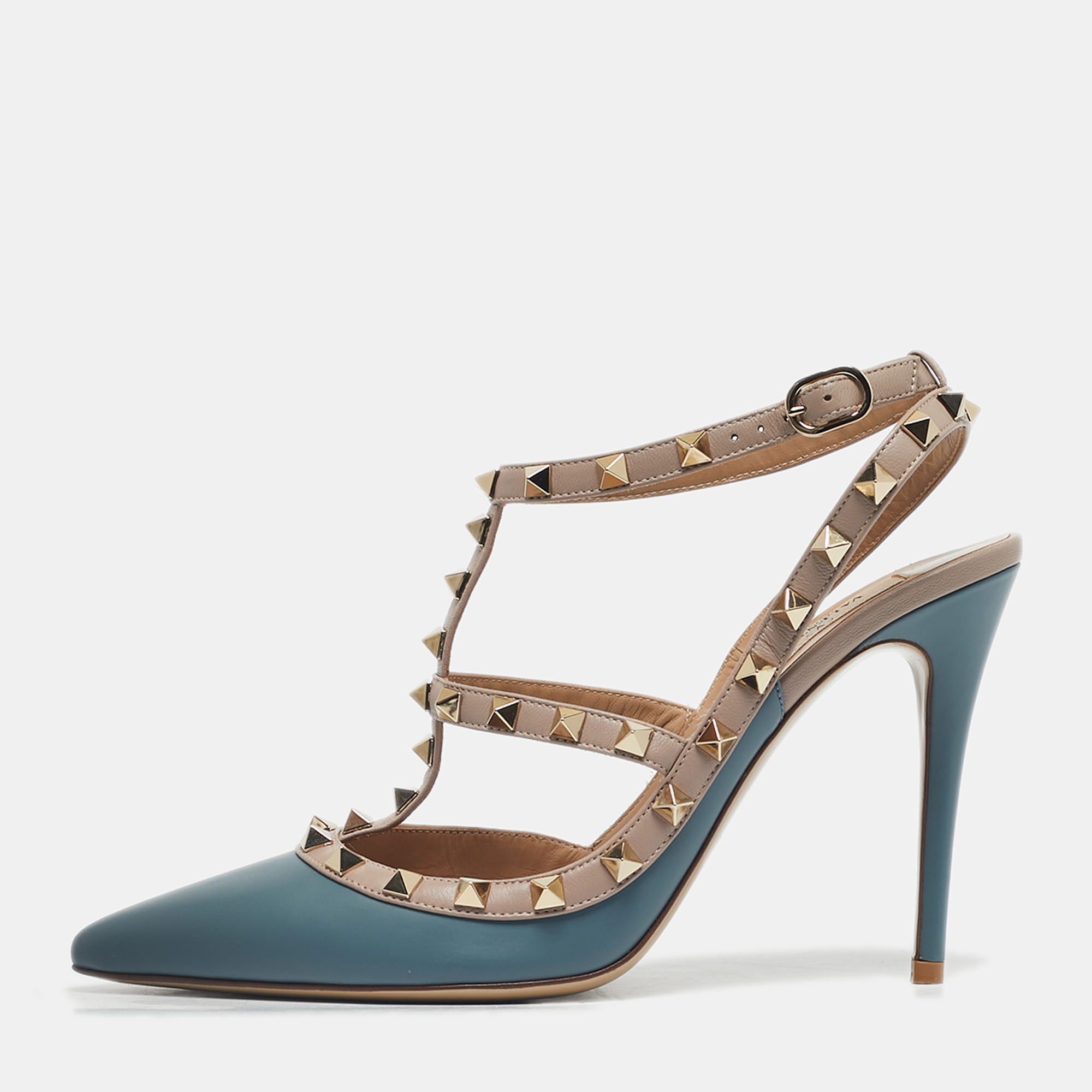 Pre-owned Valentino Garavani Beige/blue Leather Rockstud Ankle Strap Pumps Size 40 In Sand