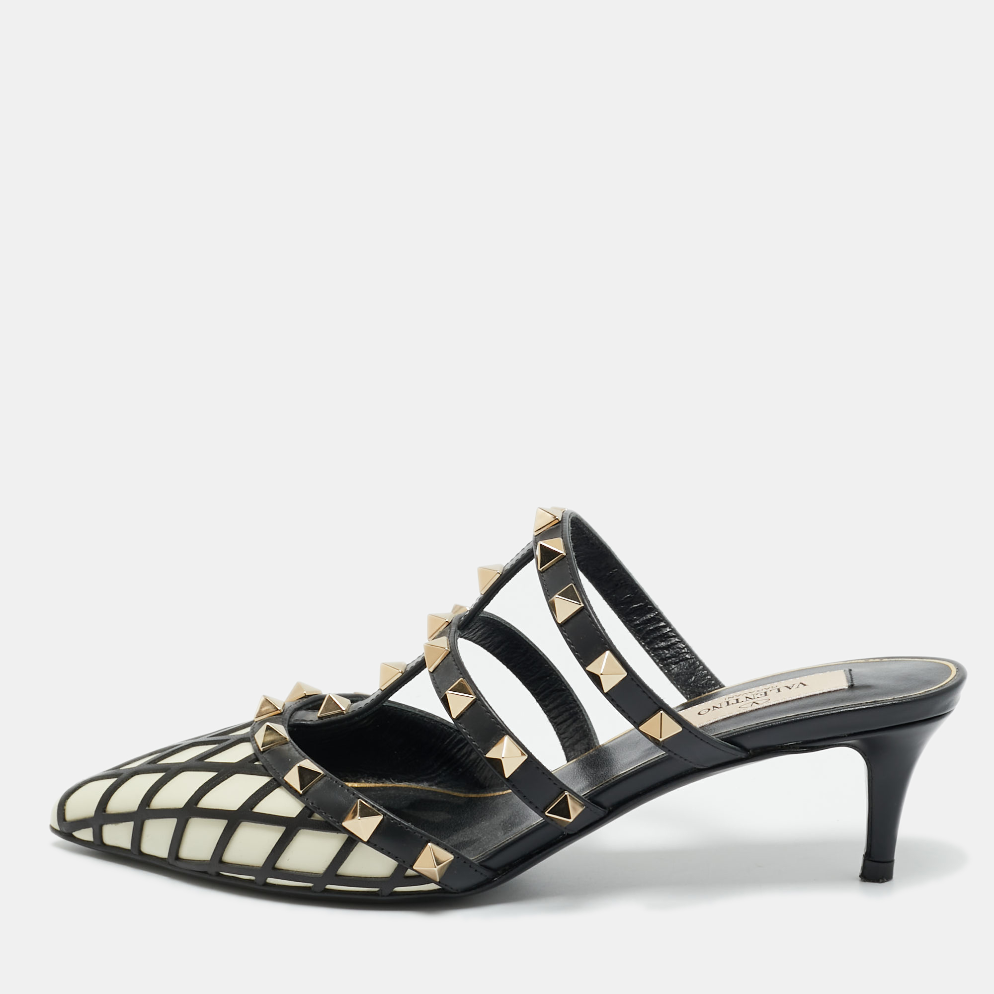 

Valentino White/Black Leather Rockstud Strappy Flat Mules Size