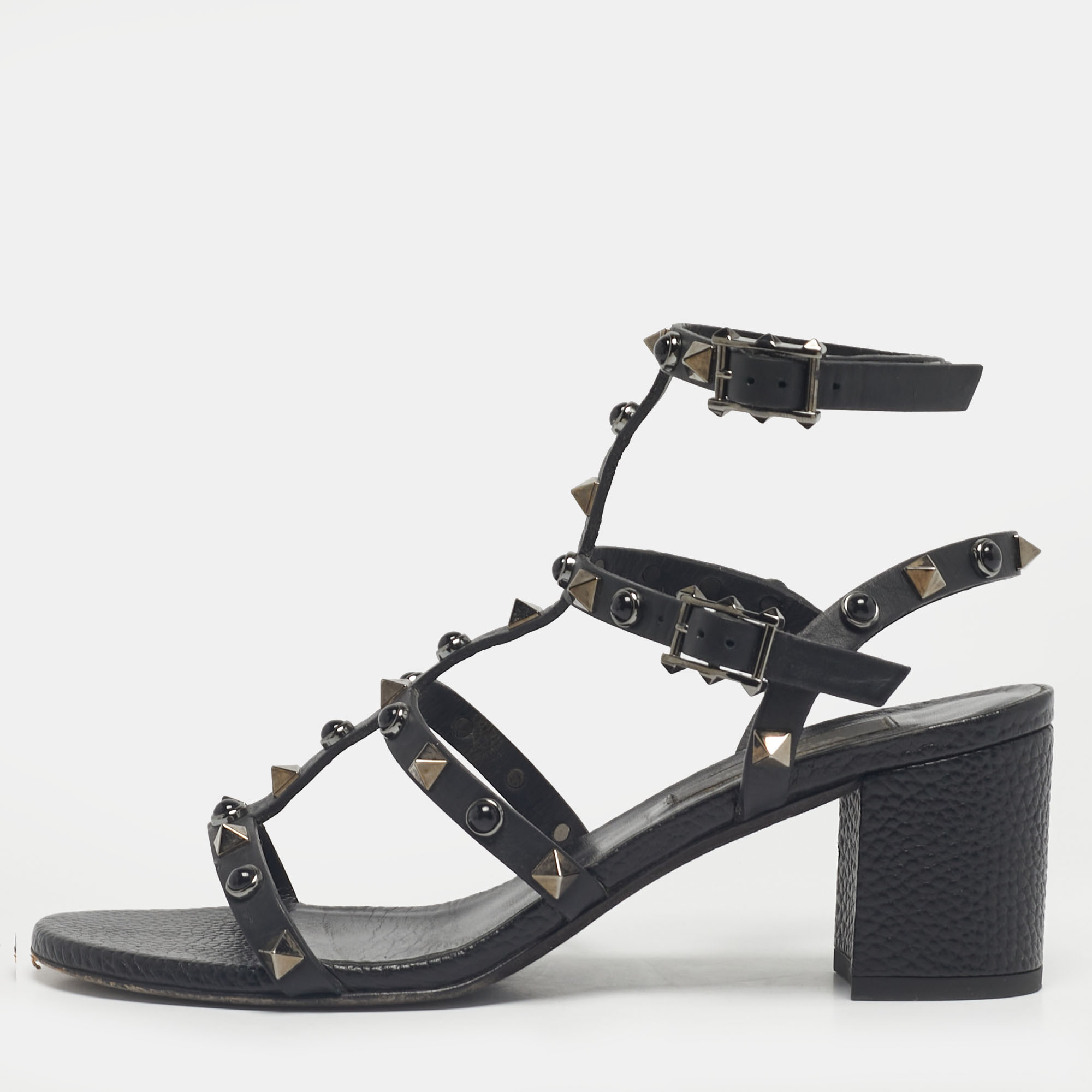 Pre-owned Valentino Garavani Black Leather Rockstud Ankle Strap Sandals Size 36