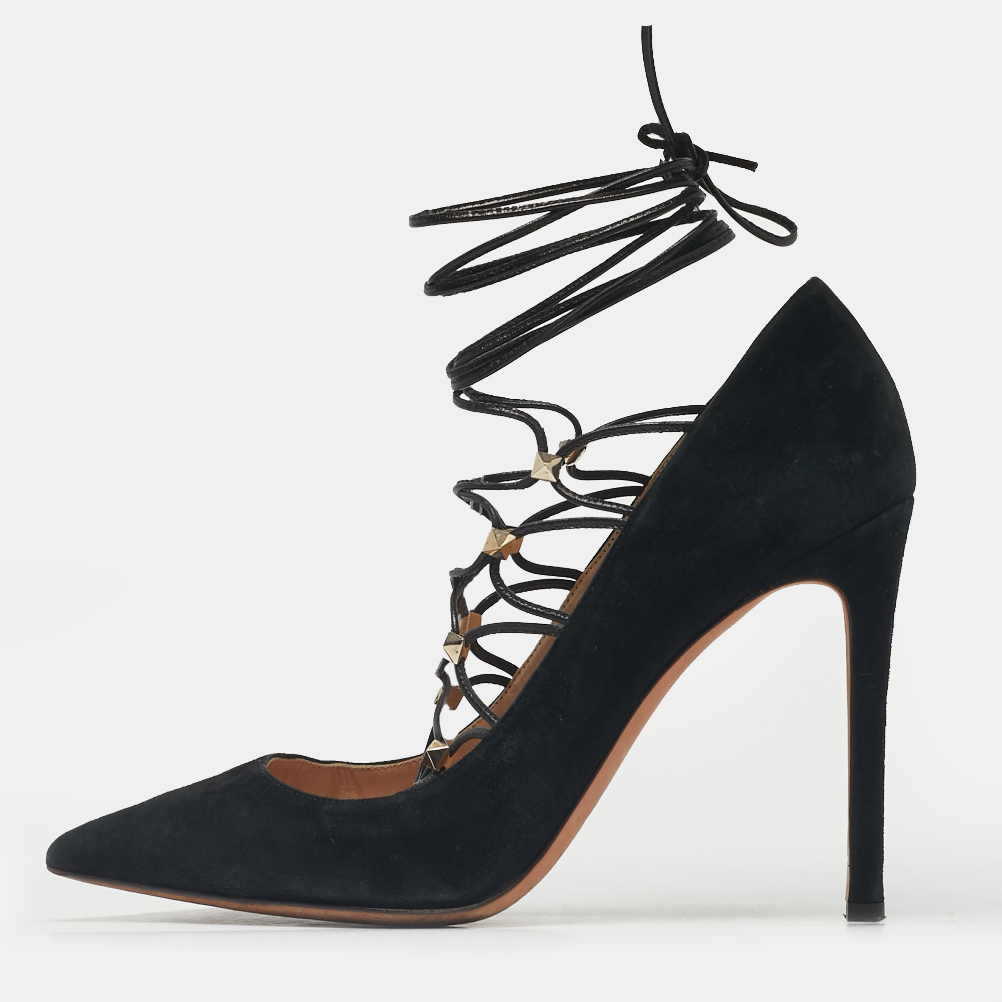 

Valentino Black Leather and Suede Rockstud Lace Up Pumps Size