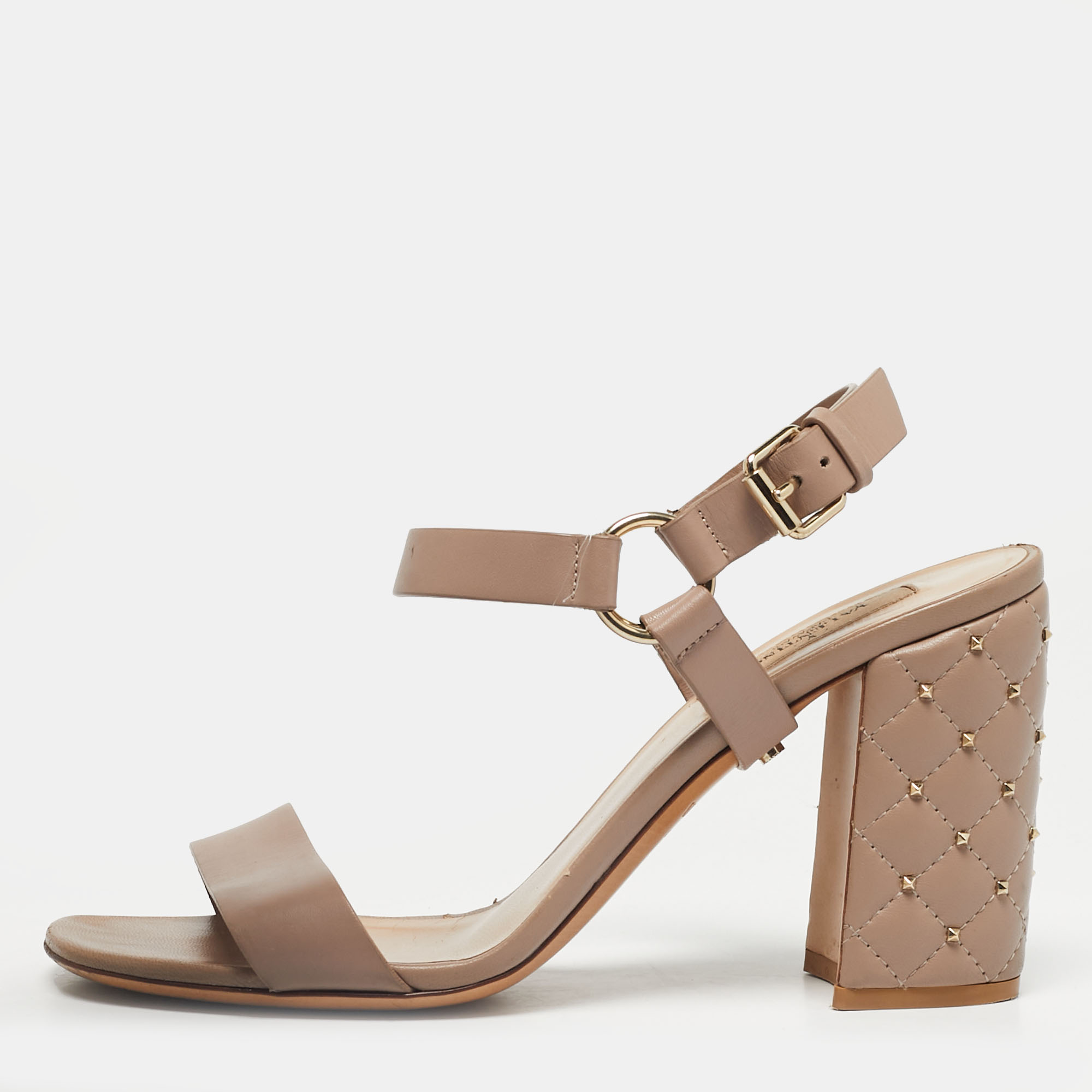 Pre-owned Valentino Garavani Beige Leather Rockstud Embellish Ankle Strap Sandals Size 38