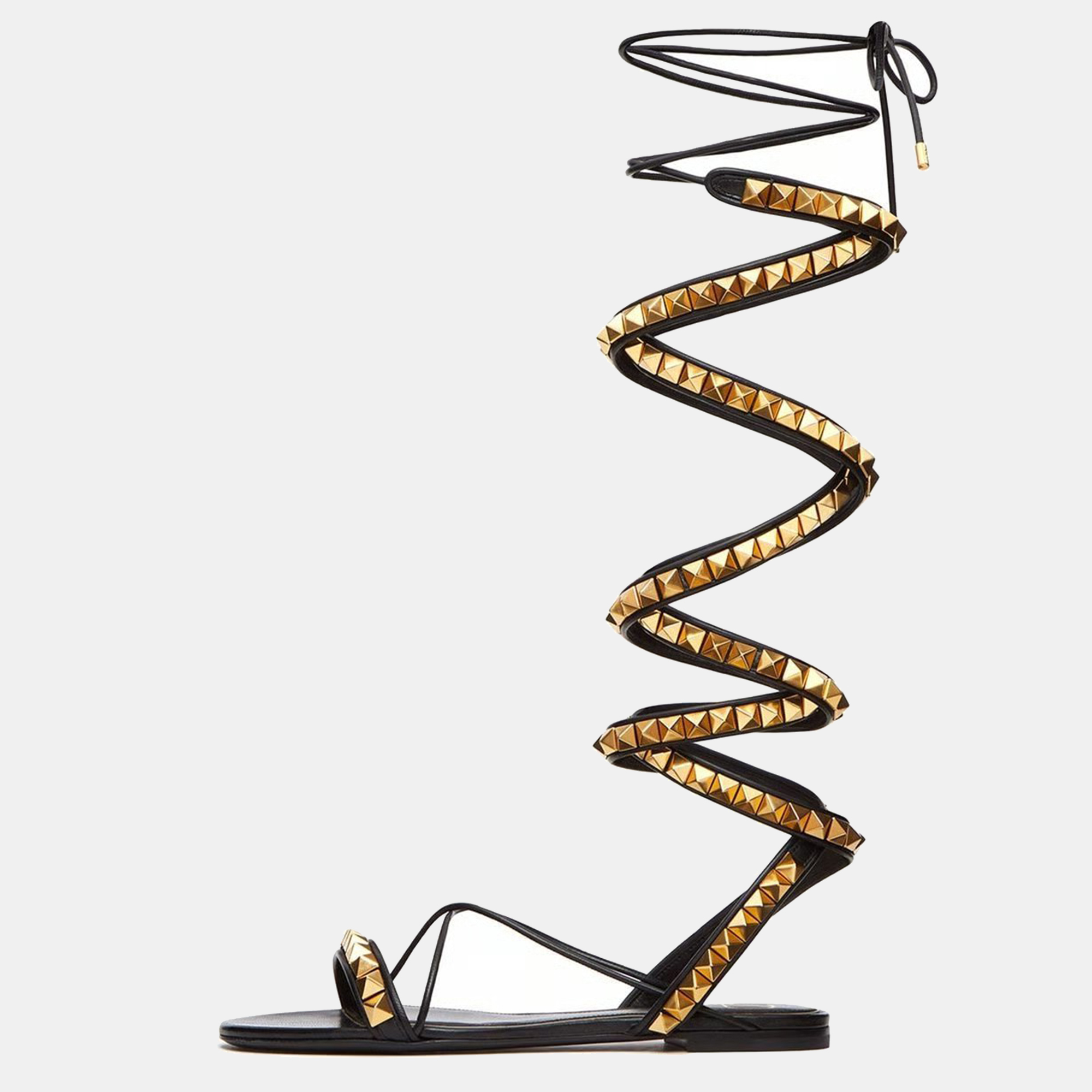 Pre-owned Valentino Garavani Black Leather Rockstud Ankle Wrap Sandals Size 37