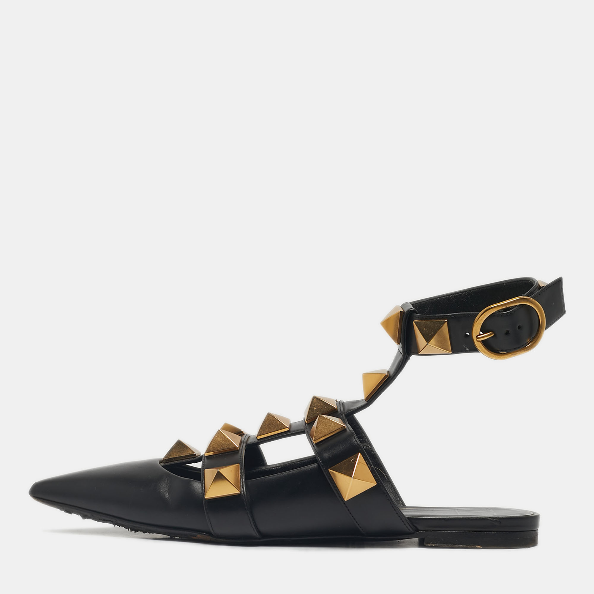 

Valentino Black Leather Roman Stud Ankle Strap Ballet Flats Size