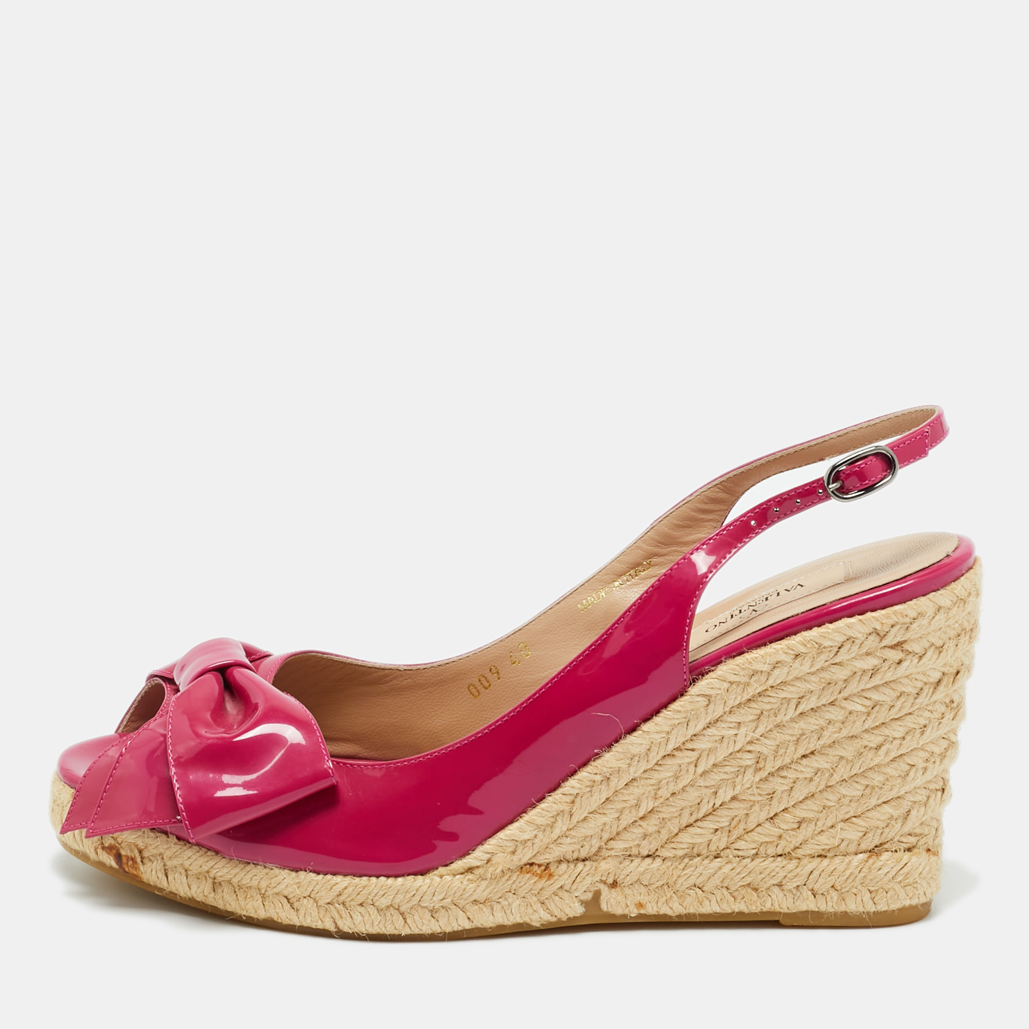 Pre-owned Valentino Garavani Purple Patent Leather Bow Espadrille Wedge Slingback Sandals Size 40