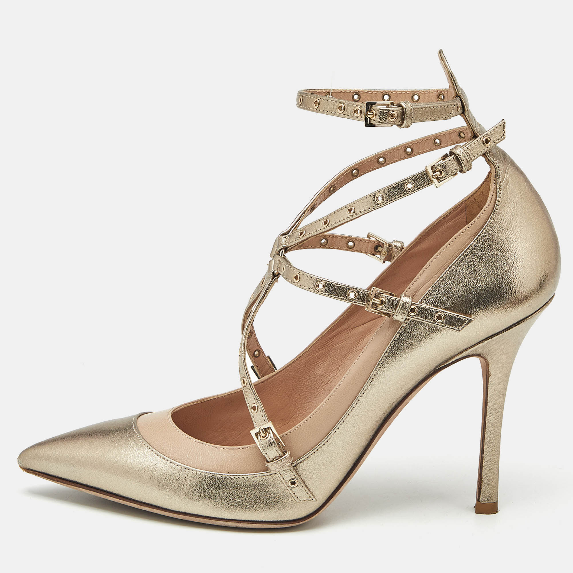 

Valentino Gold/Beige Leather Love Latch Eyelet Embellished Pumps Size