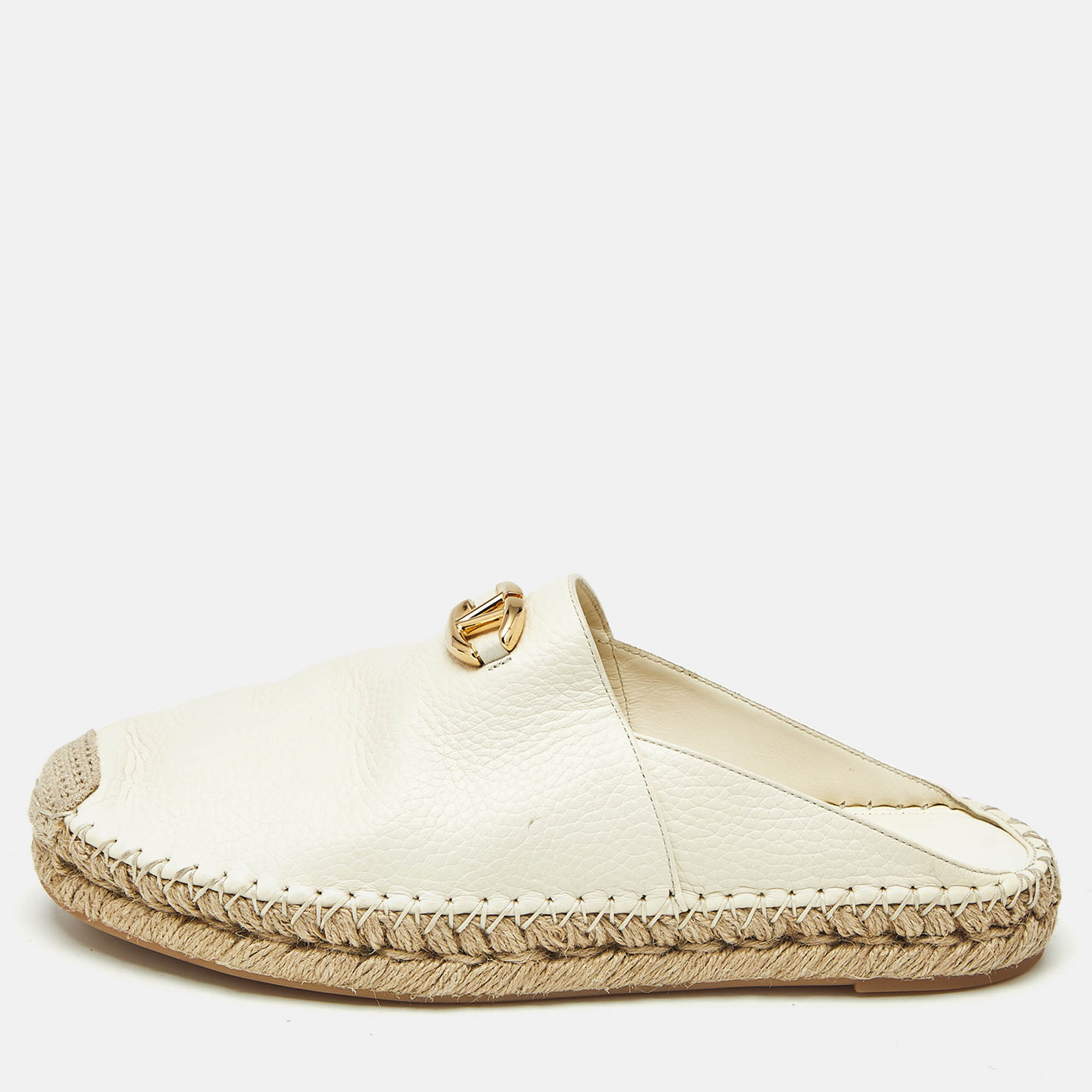 Pre-owned Valentino Garavani Off White Leather Vlogo Signature Espadrille Mules Size 40