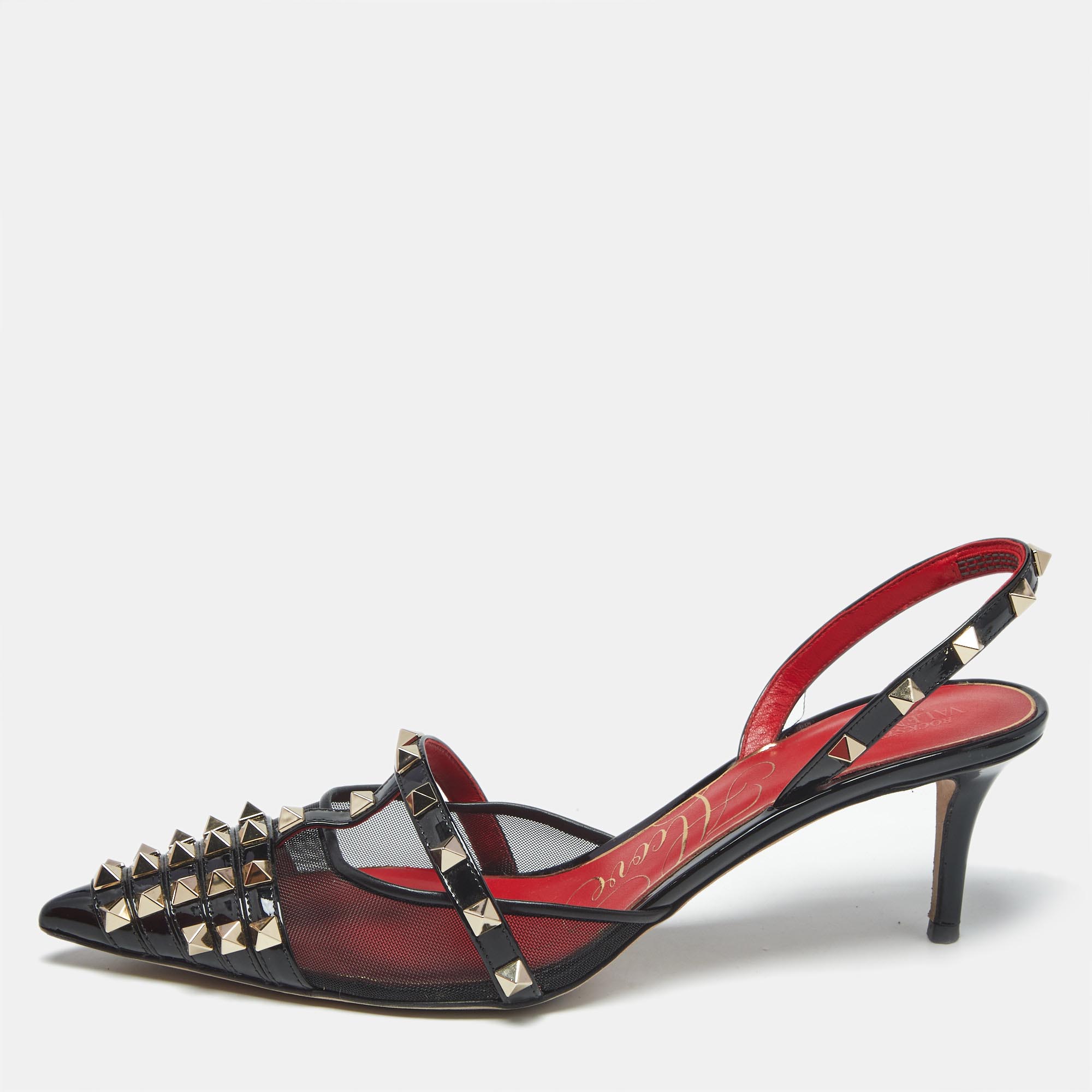 

Valentino Black Patent Leather and Mesh Alcove Slingback Pumps Size