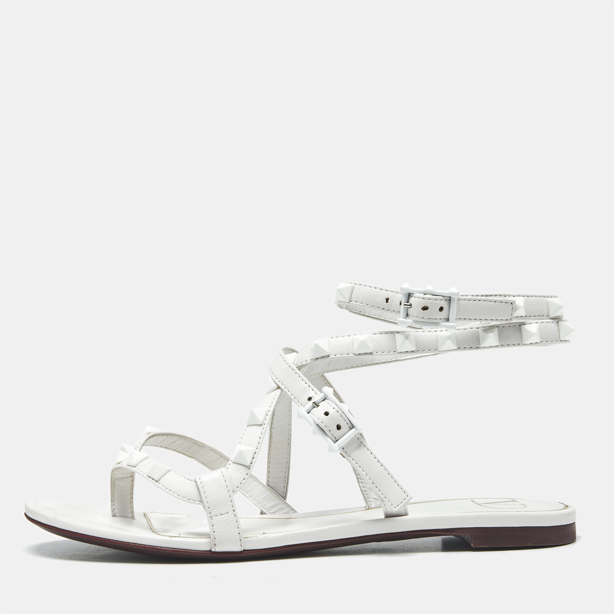 

Valentino White Leather Rockstud Ankle Strap Flat Sandals Size