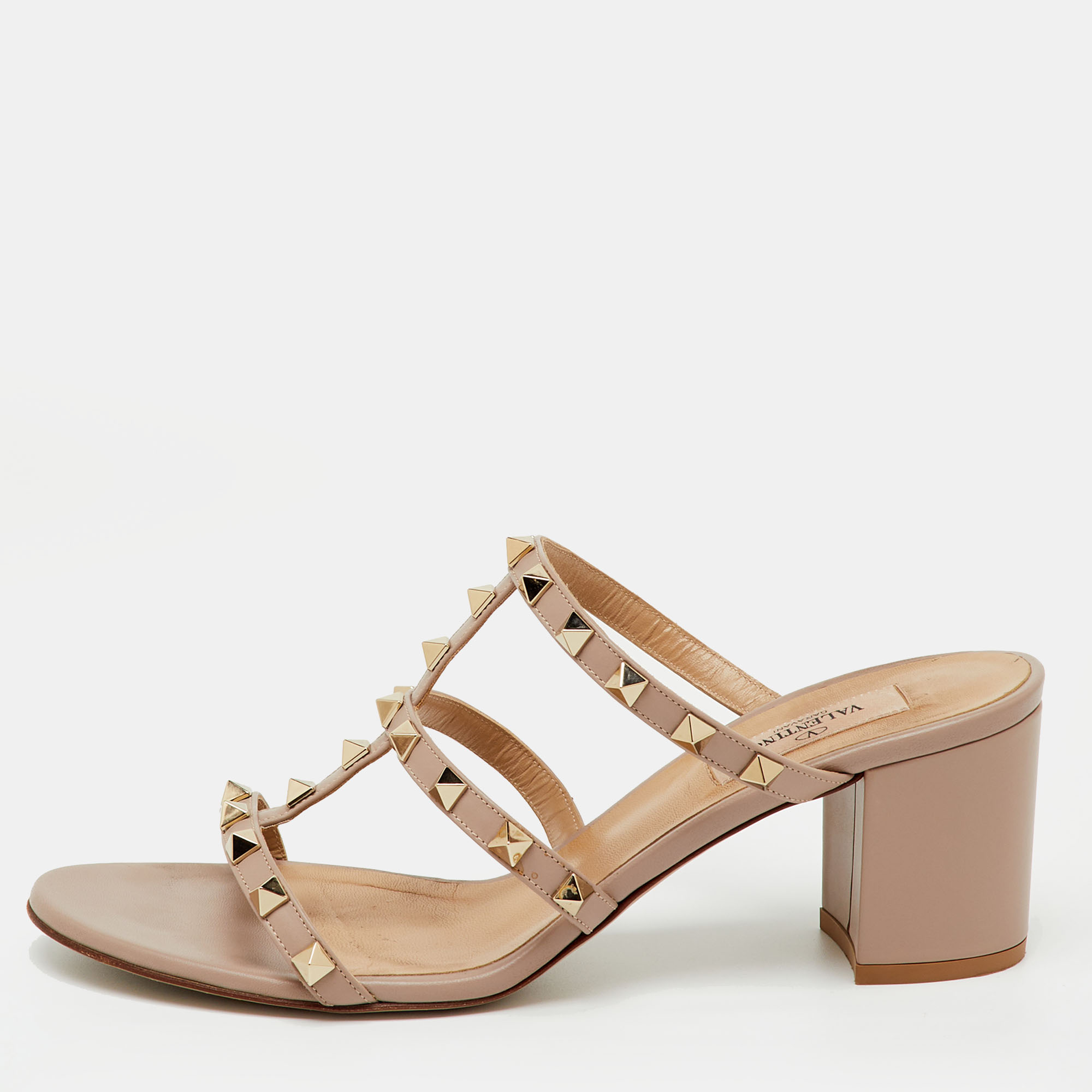 Pre-owned Valentino Garavani Beige Leather Rockstud Block Heel Slide Sandals Size 39.5